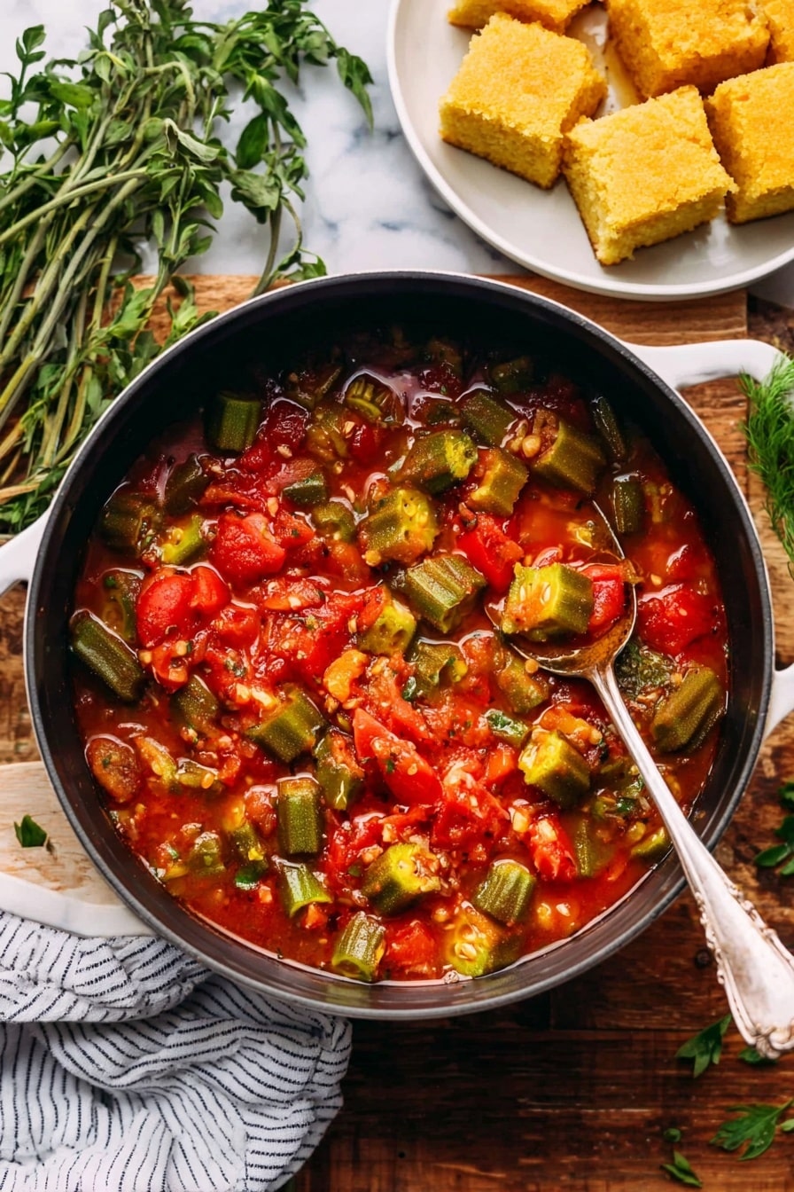 The image shows a round black pot filled with a thick stew made of red tomatoes and bright green okra pieces, with bits of onion and spices visible in the red broth. The stew has a varied texture with chunky seeds and soft vegetables. A silver spoon is dipping into the stew from the right side. The pot sits on a wooden surface with sprigs of green herbs nearby, a white striped cloth on the left, and a white plate holding golden square cornbread pieces to the upper right. The background surface is a white marbled texture. Photo taken with an iphone --ar 2:3 --v 7 - Stewed Okra and Tomatoes with Bacon and Herbs, okra and tomato stew, Southern okra recipe, easy vegetable stew, bacon and herb okra dish