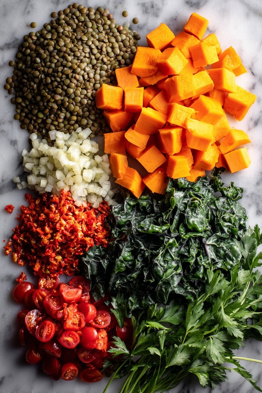 Flat lay of green lentils soaked with lemon juice, diced butternut squash, bright orange carrot cubes, deep green cavolo nero leaves, quartered red cherry tomatoes, finely chopped red chilli, fresh garlic cloves, sprigs of flat-leaf parsley and coriander with stalks, all beautifully arranged and vibrantly colored, placed on a white marble surface, photo taken with an iphone --ar 2:3 --v 7 - Lamb, Lentil and Squash Stew Lamb, Lentil and Squash Stew cozy hearty meal wholesome delicious stew nourishing comfort food