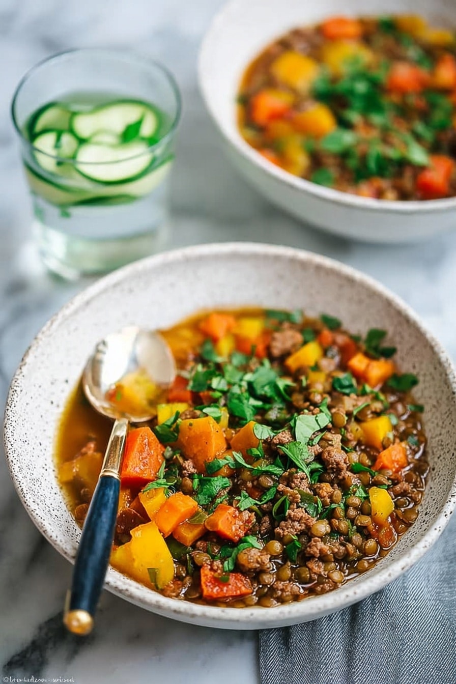This image shows a white speckled bowl filled with a hearty stew. The stew has several layers including a base layer of brown lentils and small ground meat pieces mixed with orange and yellow chunks of vegetables like carrots and squash. On top, there are fresh green chopped herbs scattered all over, adding a bright color contrast. A spoon with a dark handle and gold accent rests inside the bowl. In the blurred background, another white bowl with a similar stew and two clear glasses filled with water and cucumber slices sit on a white marbled surface. The photo taken with an iphone --ar 2:3 --v 7 - Lamb, Lentil and Squash Stew Lamb, Lentil and Squash Stew cozy hearty meal wholesome delicious stew nourishing comfort food