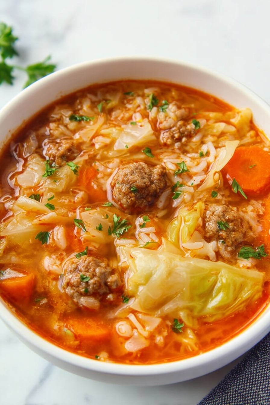 The image shows a round white pot filled with a thick stew made of multiple layers. The bottom layer is a rich, red-orange tomato broth with a glossy texture, swirling around pieces of light brown cooked ground meat. Mixed in are chopped light green cabbage leaves and soft pieces of orange carrot, creating a varied texture and color contrast. Small sprigs of bright green parsley are sprinkled on top for garnish. The pot rests on a white marbled surface with some fresh parsley sprigs nearby and a blue striped cloth partially visible in the top left corner. photo taken with an iphone --ar 2:3 --v 7 - Cabbage Roll Soup, hearty cabbage soup, beef and cabbage soup, easy cabbage soup recipe, comfort food soups