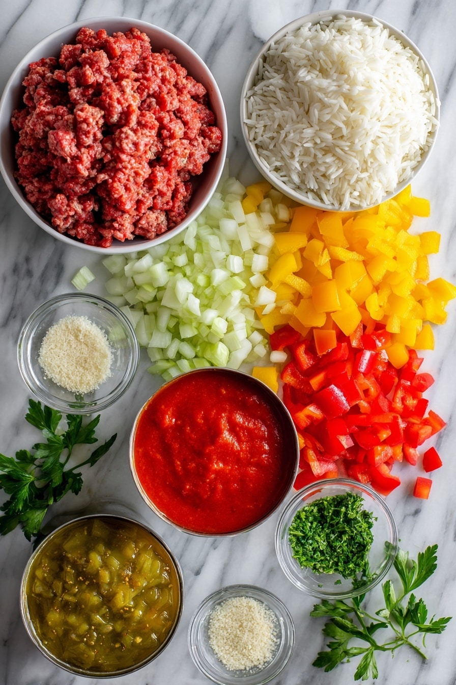 Flat lay of vibrant red, yellow, and green diced bell peppers, a pile of diced white onion, raw ground beef formed into a loose mound, fluffy cooked white rice, a bright can of petite diced tomatoes, a rich can of smooth tomato sauce, fresh green parsley sprigs, and a small heap of granulated garlic powder, all beautifully arranged with contrasting colors and textures, placed on a white marble surface, photo taken with an iphone --ar 2:3 --v 7 - Slow Cooker Stuffed Pepper Soup, stuffed pepper soup recipe, hearty stuffed pepper soup, easy slow cooker soup, beginner-friendly stuffed pepper soup