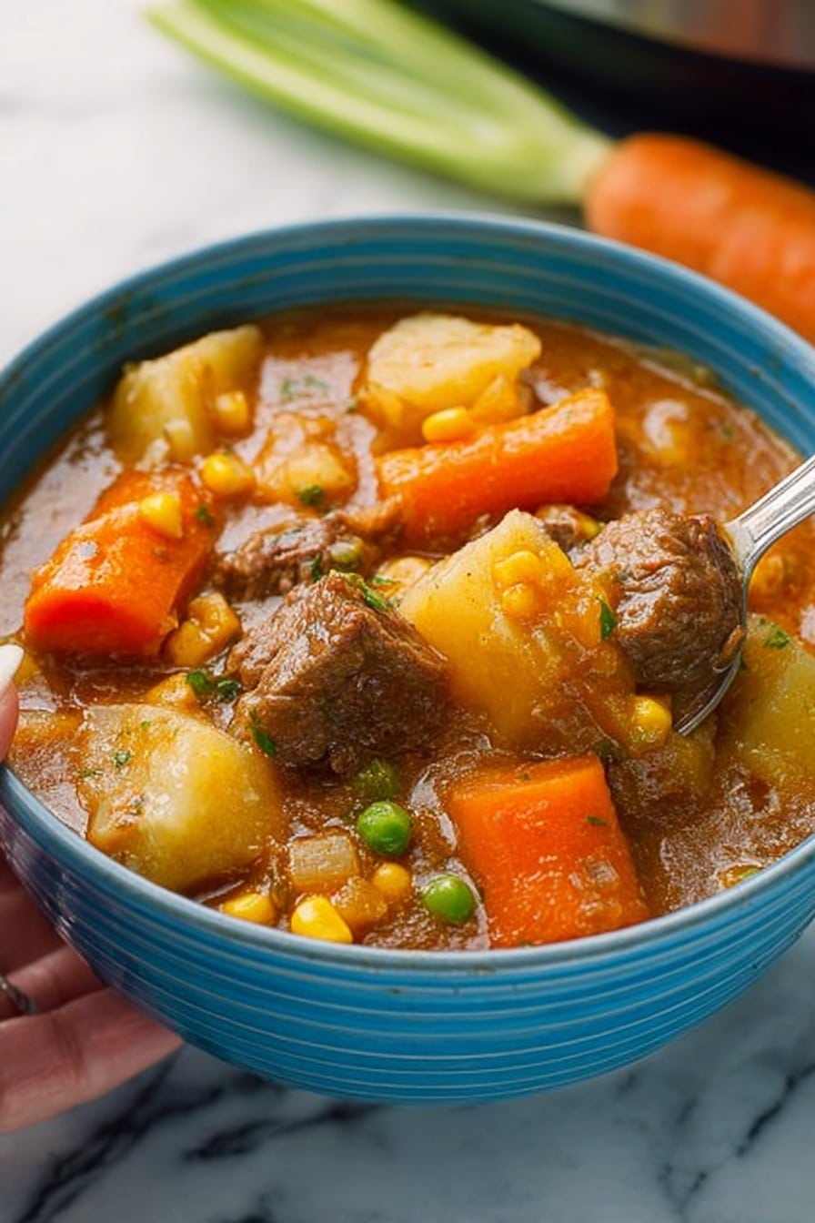 A close-up of a blue bowl filled with thick stew sitting on a white marbled surface. The stew has several layers including large orange carrot slices, light yellow potato chunks, green peas, yellow corn kernels, and chunks of browned beef, all mixed in a rich brown broth. A silver spoon rests inside the bowl, held by a woman's hand, with the stew slightly overflowing near the spoon. The background shows a blurry vegetable and a pan. Photo taken with an iphone --ar 2:3 --v 7 - Pressure Cooker Beef Stew, hearty beef stew recipes, quick beef stew, tender beef stew in under an hour, easy pressure cooker beef dinner