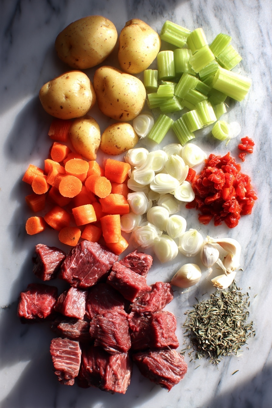 Flat lay of tender venison stew meat chunks, quartered baby gold potatoes, diced bright orange carrots, fresh green celery stalks, chopped white onion pieces, peeled garlic cloves, a small pile of mixed dried Herbs de Provence, and a handful of drained diced red tomatoes, all carefully arranged in an appealing pattern with natural lighting highlighting the fresh textures, placed on a white marble surface, photo taken with an iphone --ar 2:3 --v 7 - Slow Cooker Venison Stew, hearty venison stew, easy venison recipes, thick and savory stew, comforting game meat stew