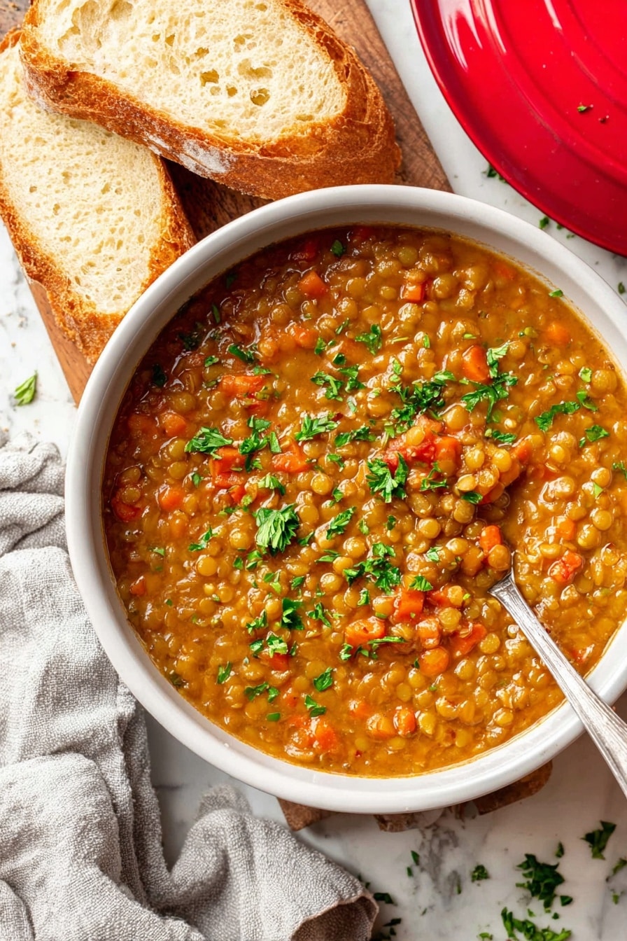 A white round bowl filled with thick lentil soup that has a brownish-orange color with small pieces of orange carrots and green herbs mixed in. The soup is topped with fresh green parsley leaves scattered on top. A silver spoon is partly dipped in the soup on the right side of the bowl. Next to the bowl, on a white marbled surface, there are two thick slices of crusty bread with a golden brown crust and soft inside. A light gray cloth is loosely placed near the bread, and a red pot lid is partially visible at the top right corner. Photo taken with an iphone --ar 2:3 --v 7 - Slow Cooker Lentil Soup, hearty lentil soup, easy healthy soup, cozy lentil stew, vegan lentil meal
