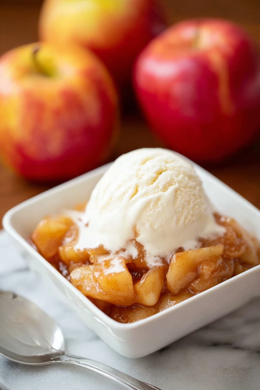 A white square bowl holds two layers: the bottom layer is chunky apple dessert with soft, shiny, light brown cooked apples, and the top layer is a round scoop of smooth, creamy vanilla ice cream that is melting slightly on the warm apples. The bowl sits on a white marbled surface with three red and yellow apples blurred in the background. A silver spoon is placed next to the bowl. Photo taken with an iphone --ar 2:3 --v 7 - Apple Brown Betty, Apple Brown Betty dessert, comforting apple crisp, easy fall dessert, traditional apple crumble