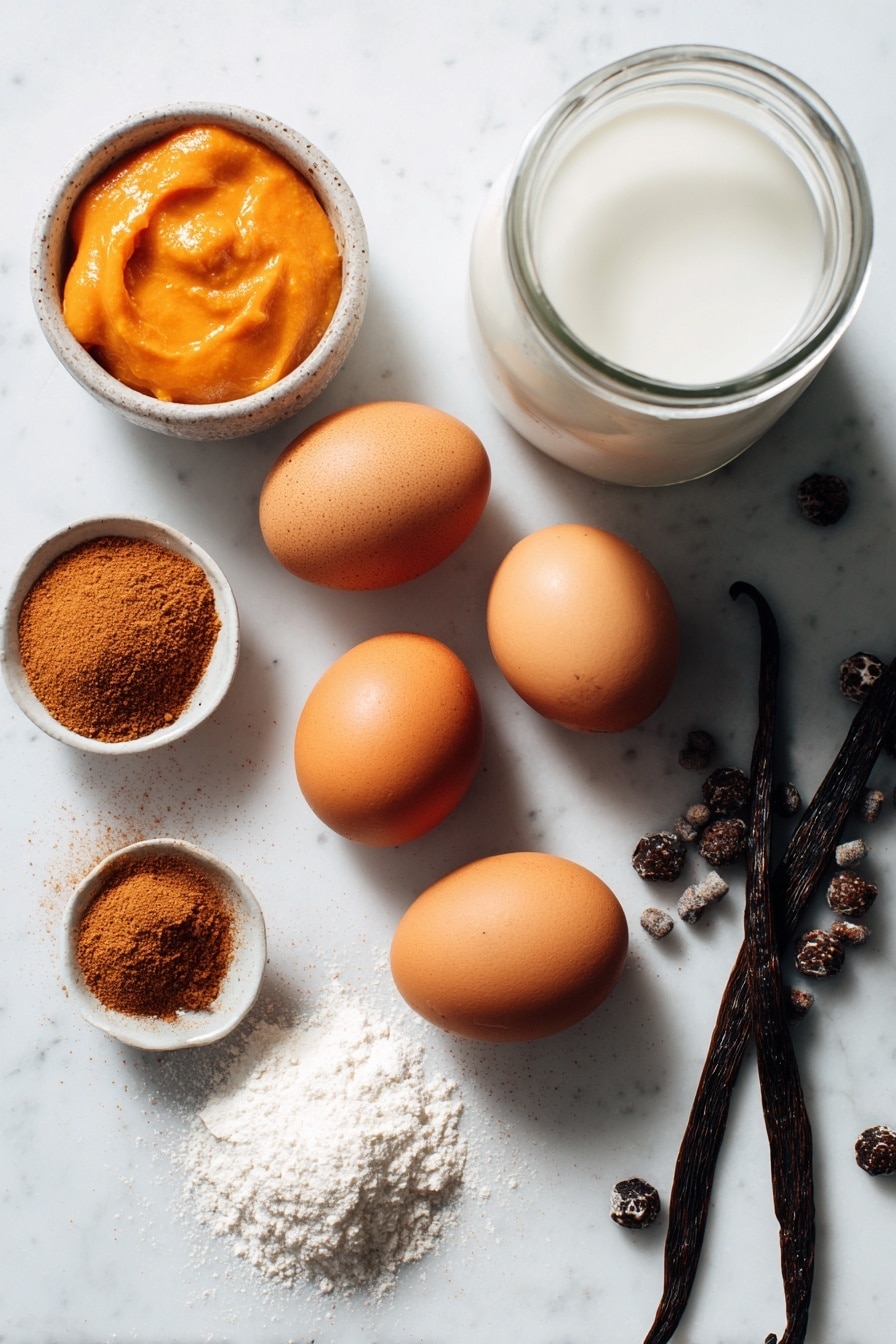 Flat lay of bright orange pumpkin puree dollops, glossy dark brown sugar crystals, smooth whole eggs with light brown shells, a small heap of warm cinnamon powder, a pinch of nutmeg in a tiny pile, a glass jar of creamy whole milk, and a vanilla bean pod arranged beautifully on a white marble surface, photo taken with an iphone --ar 2:3 --v 7 - Pumpkin Egg Custard, easy pumpkin custard, pumpkin dessert, silky pumpkin custard, cozy fall desserts