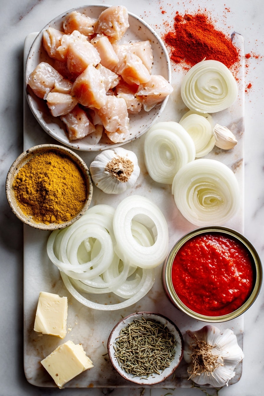 Flat lay of boneless chicken breast cubes, a small mound of tandoori masala powder, fresh ginger root, garlic cloves, thick yogurt, golden ghee blocks, thinly sliced white onion rings, a can of crushed tomatoes spilling some vibrant red sauce, and dried fenugreek leaves sprinkled delicately, all beautifully arranged on a white marble surface, photo taken with an iphone --ar 2:3 --v 7 - Finger Lickin' Butter Chicken, Murgh Makhani, Indian butter chicken recipe, creamy chicken curry, restaurant-style butter chicken