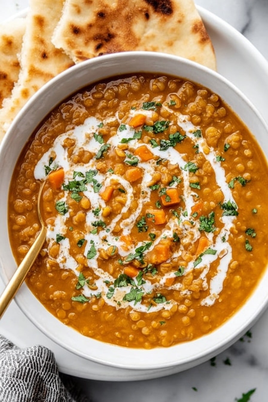 A white bowl filled with thick, orange-brown lentil soup topped with swirls of white cream and chopped green herbs scattered over the surface. There are visible pieces of orange carrot and lentils in the soup, creating a textured, hearty look. A gold spoon is placed inside the bowl on the left side, and two pieces of flatbread rest behind the bowl on a white plate, all set on a white marbled surface. photo taken with an iphone --ar 2:3 --v 7 - Vegan Curried Pumpkin Lentil Soup, vegan pumpkin soup, curried lentil soup, plant-based pumpkin soup, comforting vegan soup