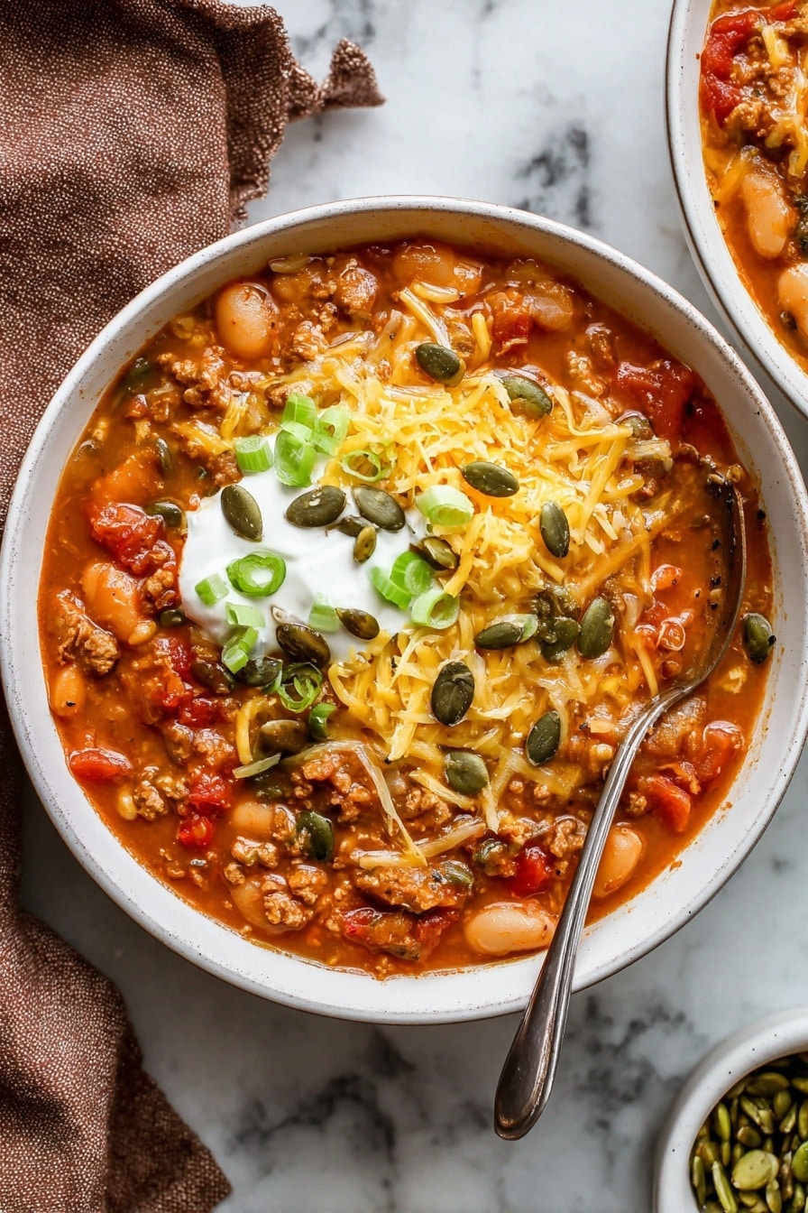 The image shows a white bowl filled with thick chili soup made of orange and red tomato pieces, white beans, and ground meat chunks in a rich, red-orange sauce. On the top, there is a creamy white layer of sour cream, sprinkled with shredded yellow cheese, bright green sliced scallions, and dark green pumpkin seeds scattered across. A silver spoon is placed inside the bowl on the right side. The bowl sits on a white marbled surface with a brown cloth napkin in the lower-left corner and a small white bowl with green pumpkin seeds in the bottom right corner. Photo taken with an iphone --ar 2:3 --v 7 - Turkey Pumpkin Chili, pumpkin chili recipe, hearty fall chili, healthy turkey chili, pumpkin soup with ground turkey