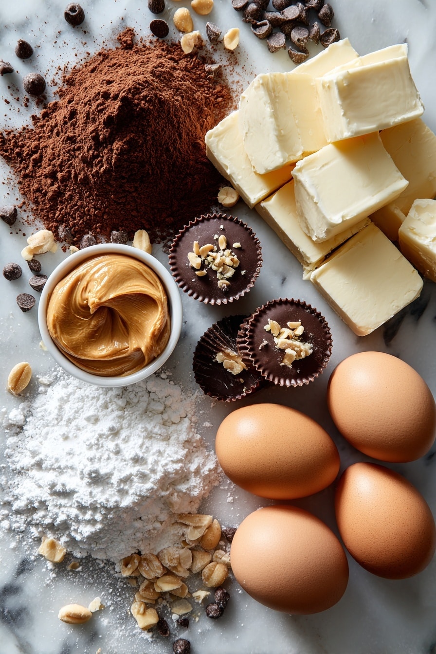 Flat lay of rich unsweetened cocoa powder, smooth peanut butter spread in a small dollop, glossy semi-sweet chocolate chips, halved miniature Reece’s Peanut Butter Cups showing their creamy centers, finely chopped salted peanuts scattered lightly, softened unsalted butter blocks, fluffy white powdered sugar dusted gently around, and whole large brown eggs, all beautifully arranged with natural shadows, placed on a white marble surface, photo taken with an iphone --ar 2:3 --v 7 - Chocolate Peanut Butter Cake for a Crowd, crowd-pleasing chocolate peanut butter cake, large batch chocolate peanut butter cake, easy party chocolate cake, decadent peanut butter chocolate dessert
