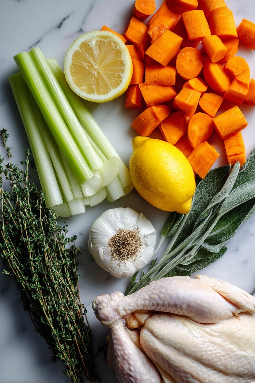 Flat lay of vibrant carrot chunks, crisp celery stalks, wedges of white onion, half a bright yellow lemon, a bulb of garlic with a few cloves separated, fresh sprigs of sage, thyme, and rosemary, and a small pile of dried marjoram, all beautifully arranged on a white marble surface, photo taken with an iphone --ar 2:3 --v 7 - Slow Roasted Whole Chicken with Herbs and Vegetables, roasted chicken recipe, herb roasted chicken, easy Sunday dinner, healthy roasted chicken