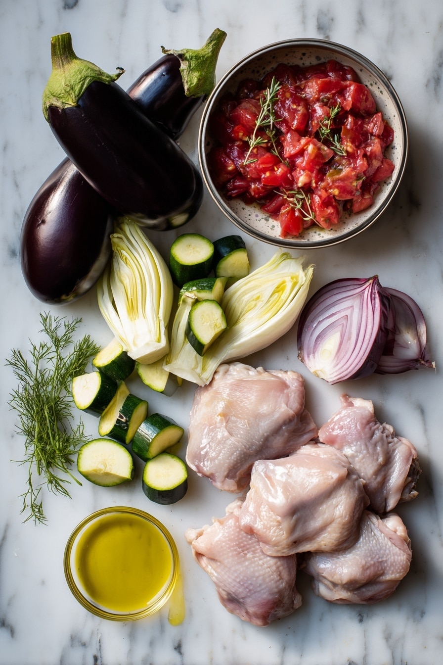 Flat lay of glossy aubergine chunks, vibrant green courgette pieces, pale fennel wedges with feathery fronds, sliced deep red onion rings, plump raw chicken thighs with skin on, two peeled garlic cloves, a glossy tin of rich chopped tomatoes with a few fresh oregano sprigs, and a small pool of golden olive oil artfully drizzled nearby, all arranged on a white marble surface, photo taken with an iphone --ar 2:3 --v 7 - Mediterranean Chicken Stew, Mediterranean chicken stew recipe, healthy chicken stew, easy Mediterranean dinner, flavorful chicken stew