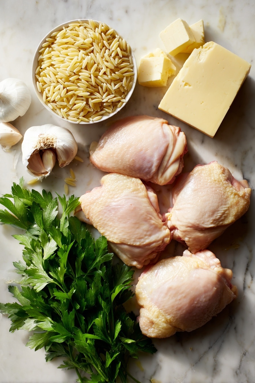Flat lay of golden boneless chicken thighs, small uncooked orzo pasta, peeled garlic cloves, chunks of unsalted butter, fresh bright green parsley leaves, and shavings of creamy parmesan cheese, all beautifully arranged with rustic textures and warm natural light, placed on a white marble surface, photo taken with an iphone --ar 2:3 --v 7 - One Pot Garlic Butter Chicken and Orzo, Easy One Pot Chicken and Orzo, Creamy Garlic Chicken with Orzo, Quick One Pot Chicken Dinner, Juicy Chicken Thighs with Orzo