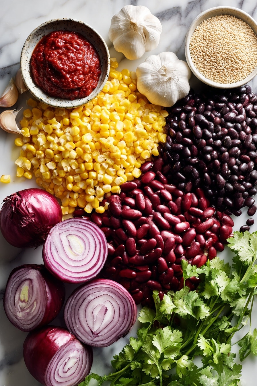 Flat lay of vibrant red onion halves, bright yellow corn kernels, shiny red kidney beans, deep black beans, fluffy dry quinoa grains, peeled garlic cloves, fresh green cilantro sprigs with leaves and stems, and a small dish of rich red tomato paste, all beautifully arranged on a white marble surface, photo taken with an iphone --ar 2:3 --v 7 - Slow Cooker Vegan Bean & Quinoa Chili, vegan chili recipe, healthy vegan chili, hearty plant-based chili, easy vegan dinner