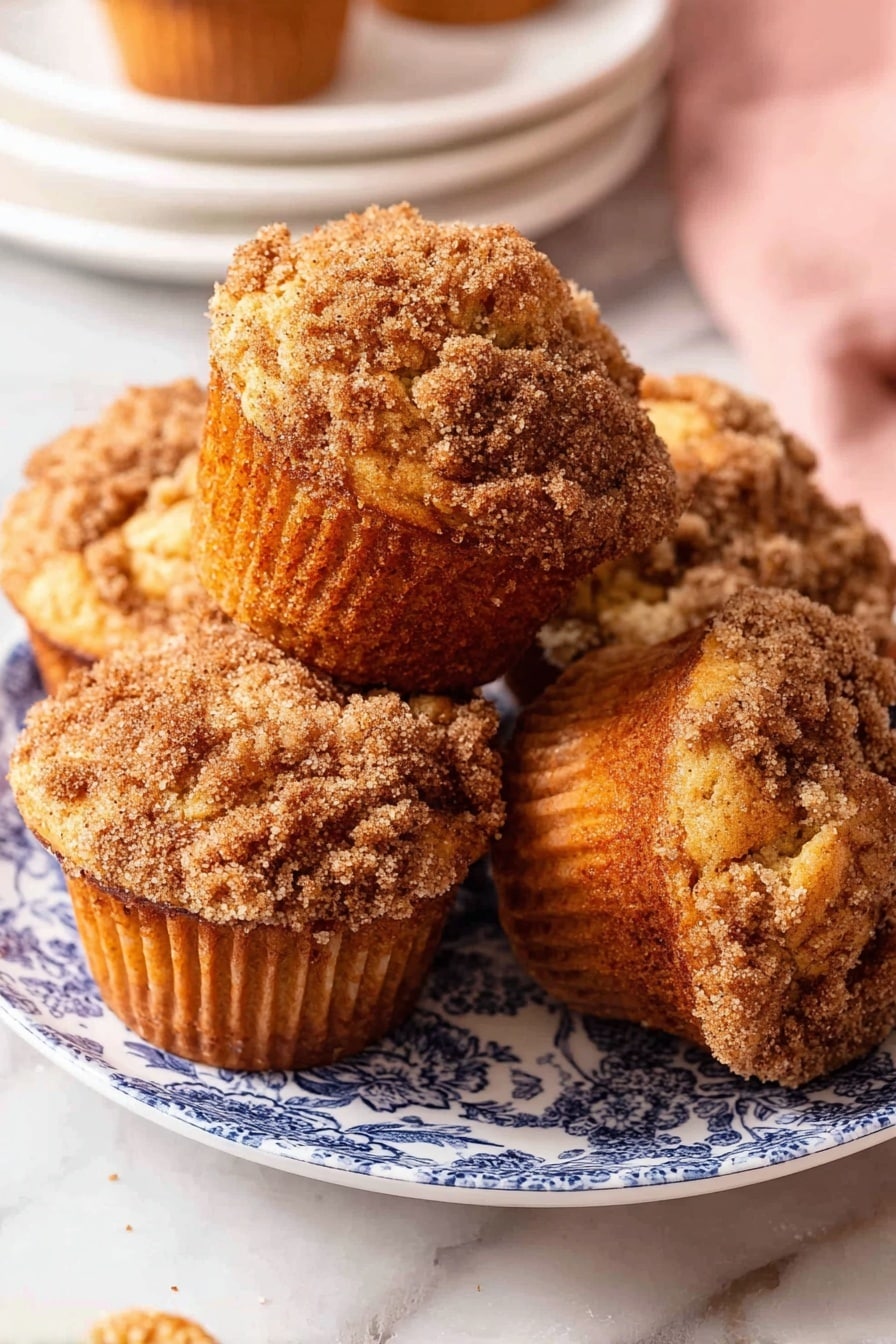 A group of crumb-topped muffins sits stacked on a white plate with blue patterns, showing uneven, golden-brown textured crumb layers on top that look crunchy and thick; the muffins themselves are a warm brown color with a slightly rough surface, and one muffin stands upright while others lean against each other, all resting on a white marbled surface with a blurred white plate and pink cloth nearby in the background. photo taken with an iphone --ar 2:3 --v 7 - Apple Muffins Recipe, moist apple muffins, cinnamon apple muffins, easy apple muffin recipe, homemade apple muffins