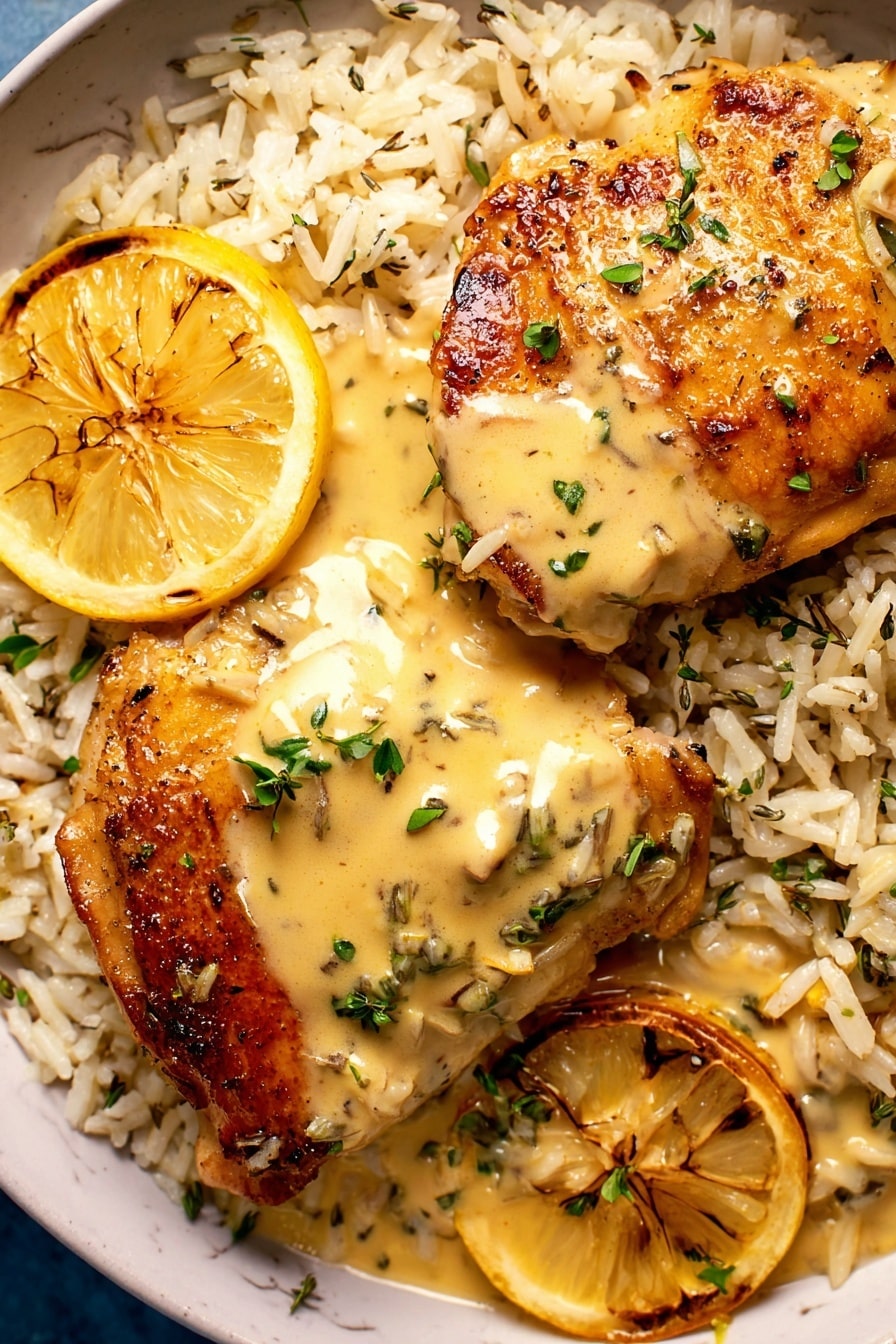 The image shows two golden brown cooked chicken pieces on top of a bed of mixed white and wild rice. One chicken piece is partially covered by a creamy light yellow sauce with small bits of onion and fresh green herbs scattered on top. Two lemon slices with slightly charred edges rest on the rice beside the chicken. The dish is placed on a white plate sitting on a white marbled surface. The texture of the rice is fluffy with some grains visible around the edges, and the chicken skin looks crispy with a slight shine. photo taken with an iphone --ar 2:3 --v 7 - Slow Cooker Creamy Lemon Herb Chicken, easy lemon chicken, healthy slow cooker chicken, tender lemon chicken recipe, flavorful chicken dinner