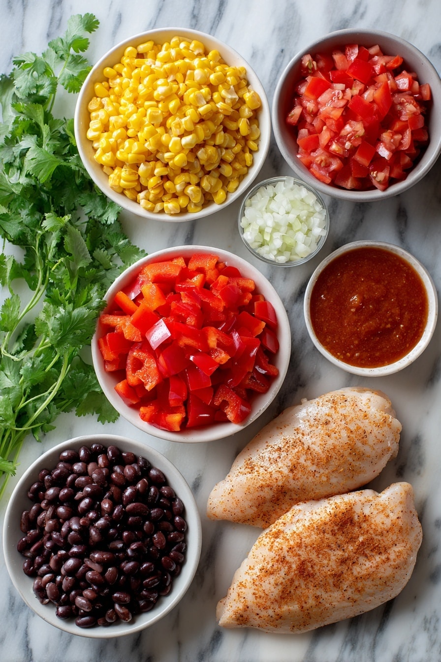 Flat lay of boneless skinless chicken breasts seasoned with chili powder and cumin, vibrant red bell pepper finely diced, bright yellow frozen corn kernels, glossy black beans, diced red tomatoes, a small bowl of deep red enchilada sauce, and a handful of finely diced white onion, all beautifully arranged with fresh green cilantro leaves scattered around, placed on a white marble surface, photo taken with an iphone --ar 2:3 --v 7 - Slow Cooker Chicken Enchilada Soup, Chicken Enchilada Soup, Easy Chicken Soup, Crockpot Enchilada Soup, Hearty Southwestern Soup