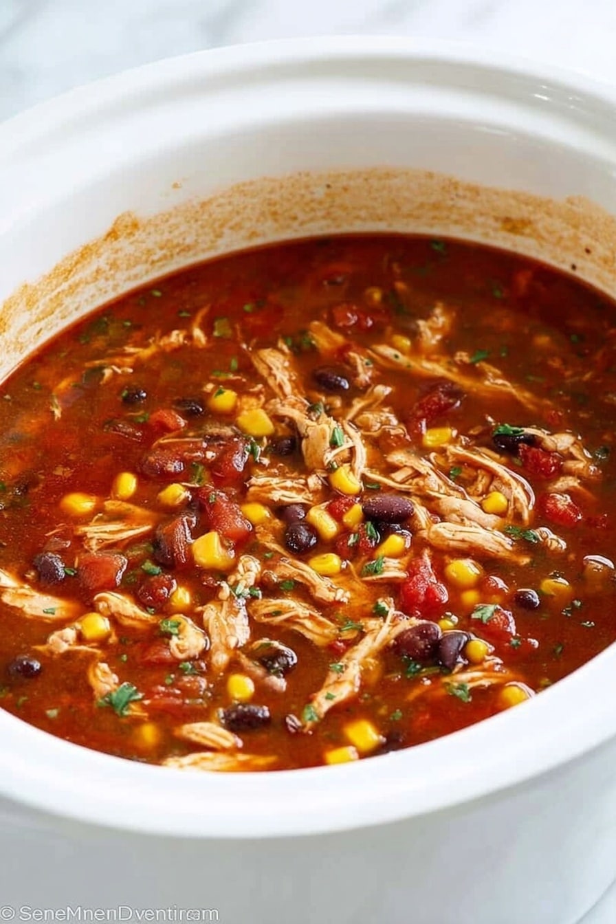 A white slow cooker filled with a thick, red-brown soup that has visible layers of shredded light brown chicken, yellow corn kernels, black beans, and small pieces of red tomato. The soup looks hearty and stew-like with specks of green herbs floating on top, all sitting on a white marbled surface. The inside rim of the slow cooker is slightly stained with the soup’s color, adding to the homemade feel. Photo taken with an iphone --ar 2:3 --v 7 - Slow Cooker Chicken Enchilada Soup, Chicken Enchilada Soup, Easy Chicken Soup, Crockpot Enchilada Soup, Hearty Southwestern Soup