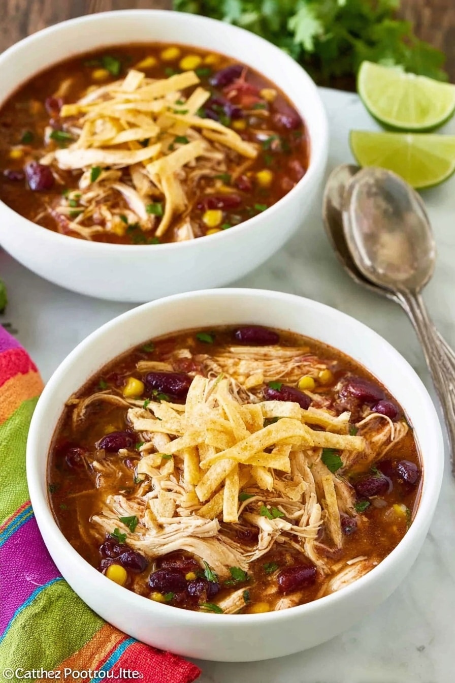 Two white bowls filled with a rich, thick soup layered with shredded light brown chicken pieces on top. The soup base is dark reddish-brown with mixed textures of yellow corn, dark red kidney beans, and small green herbs scattered throughout. On top of each bowl is a layer of light golden crispy strips, adding a crunchy texture. The bowls sit on a white marbled surface with a partially visible colorful striped cloth and two silver spoons next to one bowl. To the side, there are slices of bright green lime and some fresh green herbs nearby. photo taken with an iphone --ar 2:3 --v 7 - Slow Cooker Chicken Enchilada Soup, Chicken Enchilada Soup, Easy Chicken Soup, Crockpot Enchilada Soup, Hearty Southwestern Soup