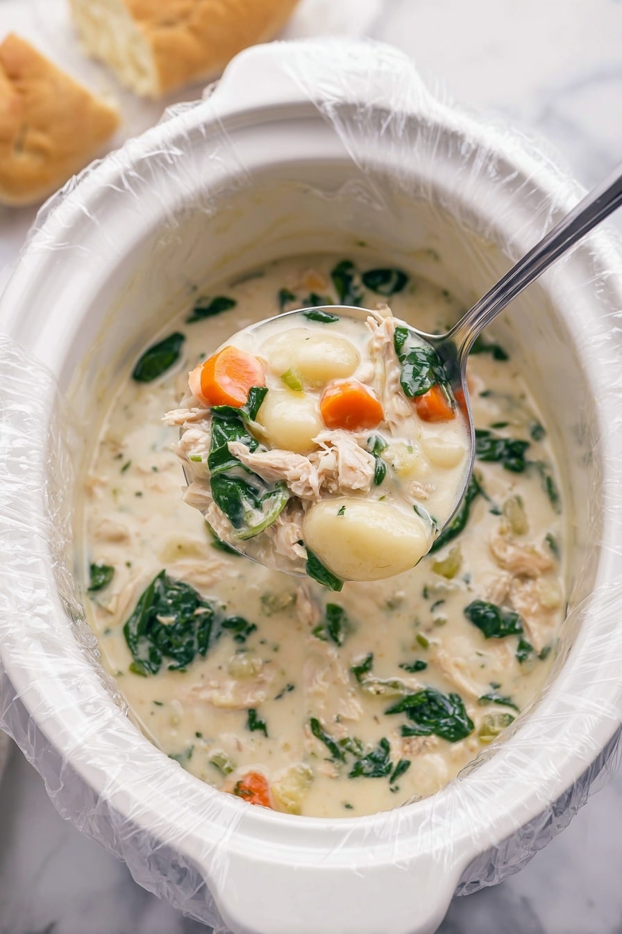 A white slow cooker bowl lined with a clear plastic liner holds a creamy soup filled with chunks of white beans, orange carrot pieces, green leafy vegetables, and shredded white meat, all in a thick white creamy broth. A metal spoon scoops some soup from the bowl, showing a mix of ingredients clearly with soft textures and mild colors. To the side, slices of golden brown bread rest on a white marbled surface along with a blue and white striped cloth. A box of Reynolds Kitchens Slow Cooker Liners is partially visible near the top left corner. photo taken with an iphone --ar 2:3 --v 7 - Slow Cooker Chicken Gnocchi Soup, easy chicken gnocchi soup, creamy slow cooker soup, healthy chicken dinner, comforting winter soup