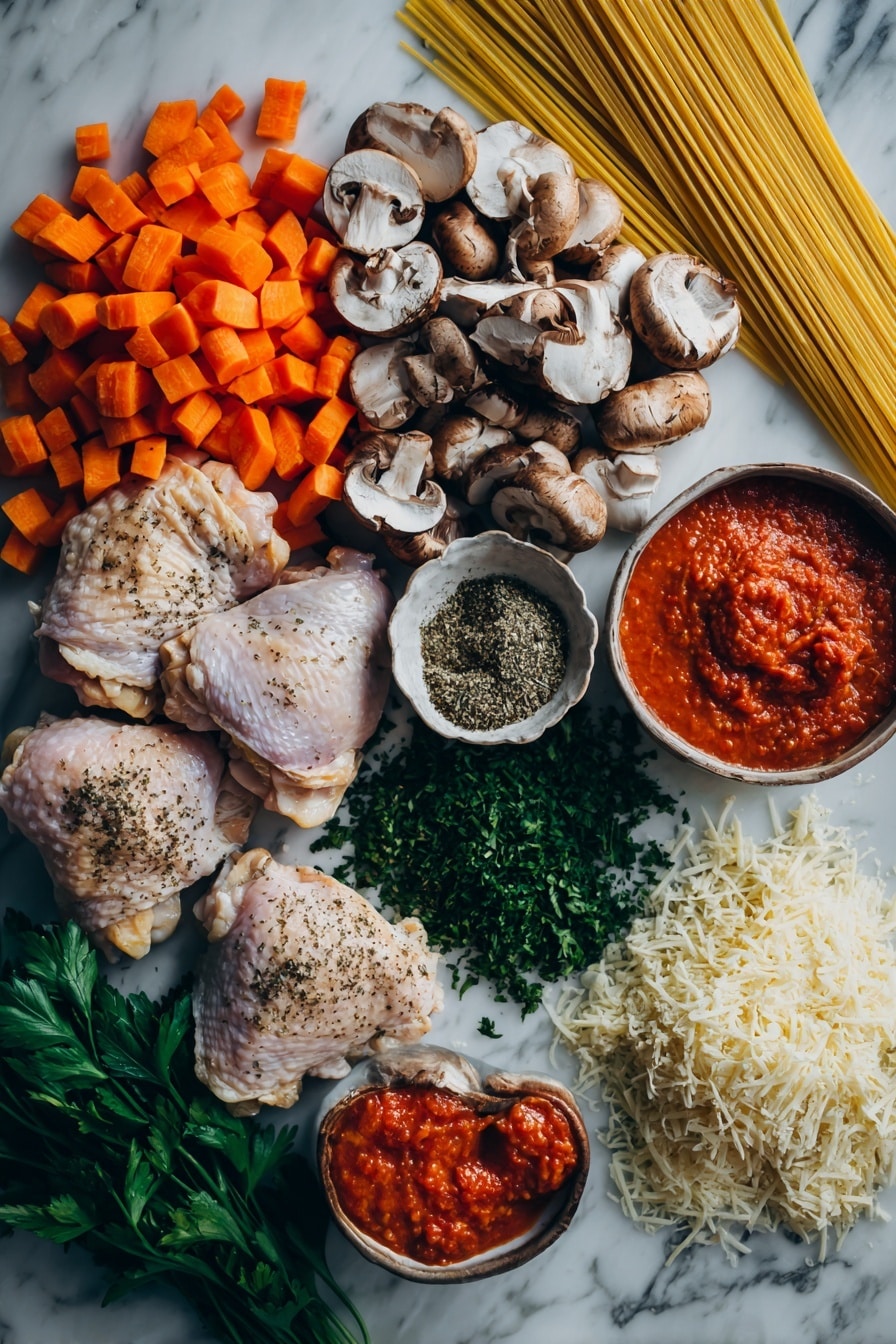Flat lay of fresh chicken thighs with skin removed, bright orange diced carrot, quartered cremini mushrooms, a heap of chopped Italian parsley, a rich swirl of San Marzano crushed tomatoes, a spoonful of bright red tomato paste, sprigs of dried oregano and basil, and a small pile of shredded Parmesan cheese, all beautifully arranged on a white marble surface, photo taken with an iphone --ar 2:3 --v 7 - Slow Cooker Chicken Cacciatore, Italian chicken dinner, easy slow cooker chicken recipe, hearty Italian chicken stew, tender chicken with tomato sauce