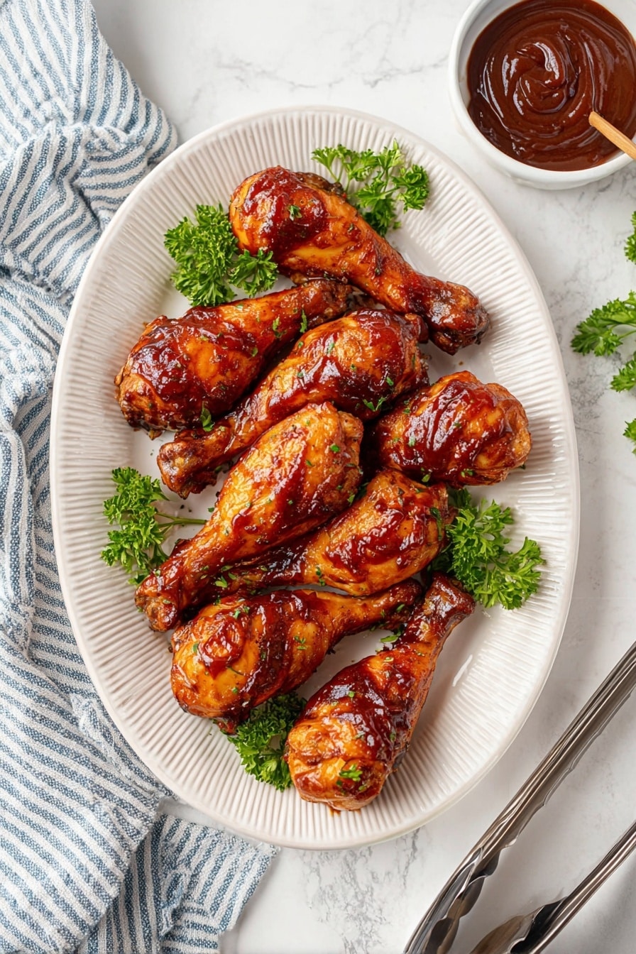 A white plate with raised ridges holds nine shiny, brown glazed chicken drumsticks arranged in three rows, each drumstick showing a sticky, glazed texture. Bright green parsley leaves are placed between the drumsticks for color contrast. To the right of the plate is a small white bowl filled with thick, dark reddish-brown dipping sauce, with some sauce swirls visible. The plate sits on a white marbled surface with a blue-and-white striped cloth in the lower left corner and two metal serving tongs on the right. photo taken with an iphone --ar 2:3 --v 7 - Incredible Slow Cooker Drumsticks, easy slow cooker chicken, flavorful chicken drumsticks, 4 ingredient chicken recipe, grocery store chicken dinner