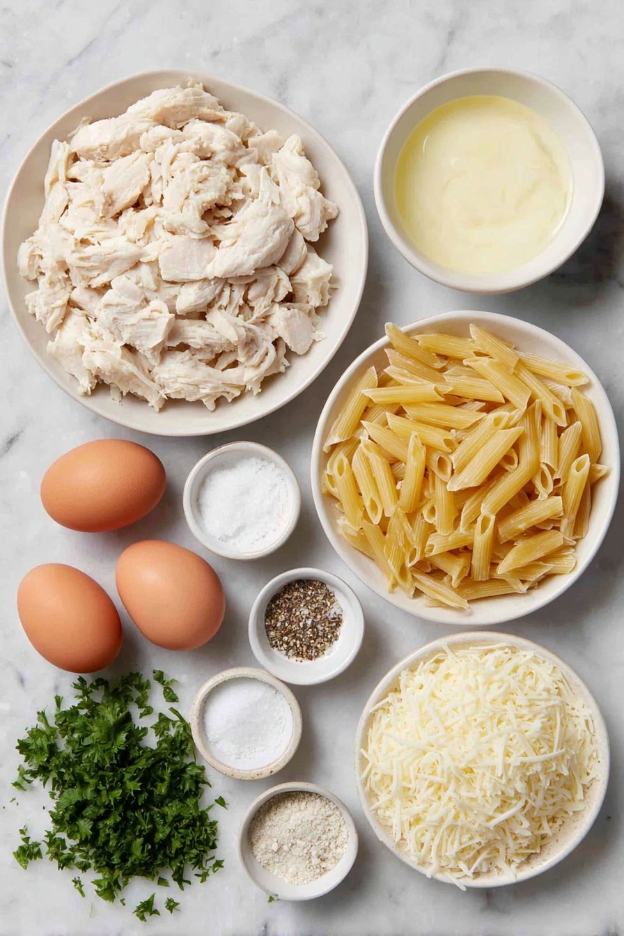 Flat lay of a few boneless skinless chicken breasts cooked and shredded, a small mound of uncooked penne pasta, a small white bowl filled with creamy Alfredo sauce, a small white bowl of water, a small white bowl with minced garlic, two whole brown eggs with clean shells, a small white bowl of salt, a small white bowl of cracked black pepper, a generous pile of shredded mozzarella cheese, a smaller pile of grated parmesan cheese, and a few fresh sprigs of chopped parsley, all arranged symmetrically in simple white ceramic bowls and plates, placed on a clean white marble surface, soft natural light, photo taken with an iPhone, professional food photography style, fresh ingredients, white ceramic bowls, no bottles, no duplicates, no utensils, no packaging --ar 2:3 --v 7 --p awthu7i m7354615311229779997 - Crock Pot Chicken Alfredo, Chicken Alfredo casserole, slow cooker Alfredo pasta, creamy chicken pasta, easy slow cooker recipes