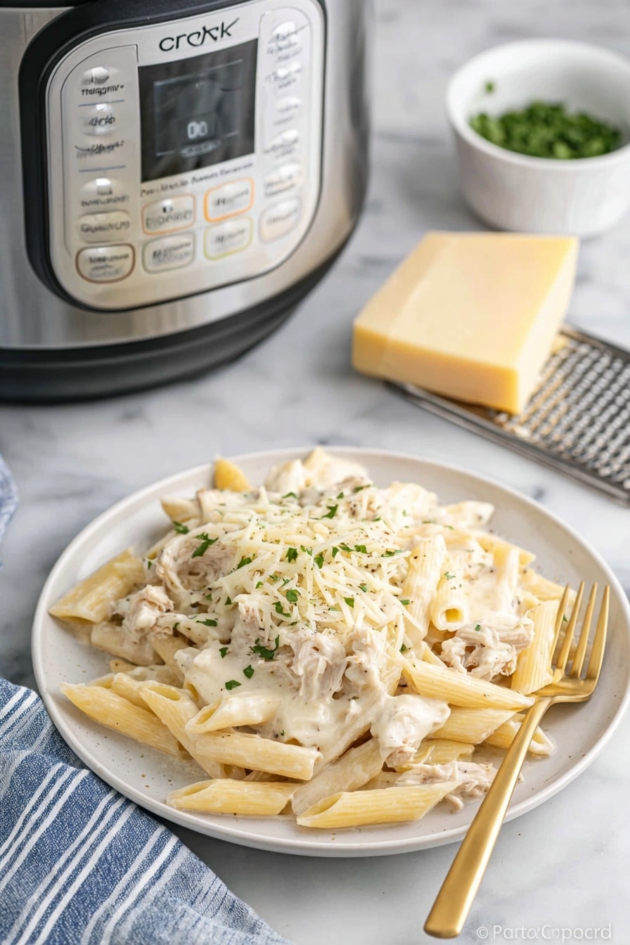 A white plate holds one layer of light beige cooked penne pasta, topped with a thick layer of creamy white sauce mixed with shredded white meat and some small black specks, likely black pepper. The top layer consists of melted pale yellow cheese sprinkled with small green herb leaves. The plate sits on a white marbled surface next to a gold fork. Behind the plate, there is a stainless steel slow cooker with a digital display, a small white bowl with green herbs, and a small metal grater holding a block of pale yellow cheese. A folded blue and white striped cloth is on the left side. Photo taken with an iphone --ar 2:3 --v 7 - Crock Pot Chicken Alfredo, Chicken Alfredo casserole, slow cooker Alfredo pasta, creamy chicken pasta, easy slow cooker recipes