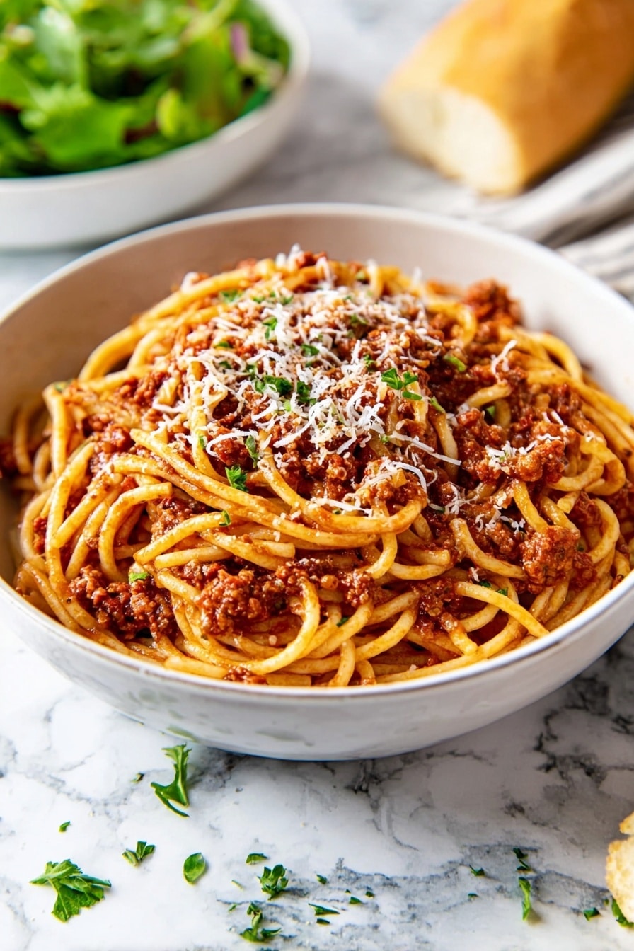 A white bowl filled with spaghetti covered in a rich, reddish-brown meat sauce. The spaghetti noodles are twisted around a silver fork held by a woman's hand above the bowl, showing the sauce and bits of meat clinging to the strands. Some grated cheese is sprinkled lightly over the top. In the blurry background, there is a piece of bread and a small bowl with green herbs on a white marbled surface. The overall scene is brightly lit and focuses closely on the forkful of spaghetti photo taken with an iphone --ar 2:3 --v 7 - Slow Cooker Bolognese Sauce, easy slow cooker pasta sauce, hearty Italian meat sauce, make-ahead Bolognese, flavorful slow cooker recipes