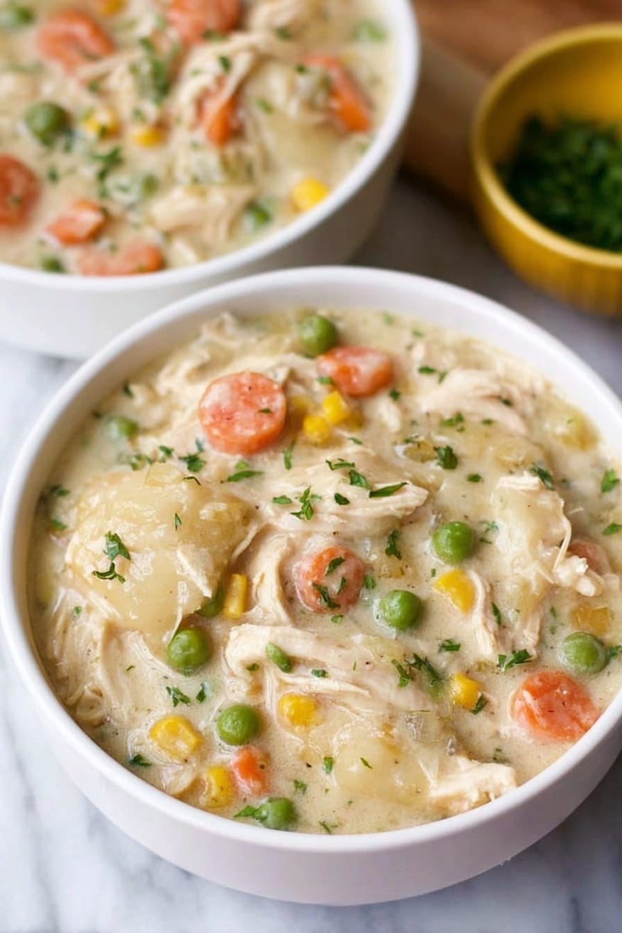 The image shows a white bowl filled with thick, creamy chicken and vegetable stew, placed on a white marbled surface. The dish has a base of pale creamy sauce with visible chunks of light shredded chicken, soft orange carrot pieces, bright green peas, yellow corn, and small bits of translucent onion, all mixed evenly. Small specks of green herbs are sprinkled on top for color and garnish. In the background, there is another white bowl with the same stew, slightly out of focus, and a blurred yellow bowl that appears to contain chopped green herbs. The photo taken with an iphone --ar 2:3 --v 7 - Crock Pot Chicken and Dumplings, slow cooker chicken stew, easy chicken and dumplings, comforting crockpot recipes, hearty chicken dinner