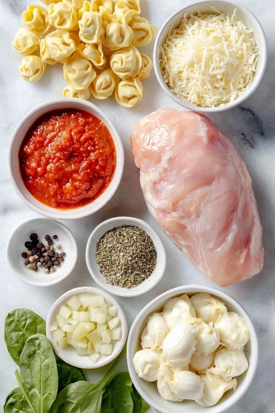 Flat lay of a whole raw boneless, skinless chicken breast, a small mound of diced yellow onion, three cloves of fresh garlic, a simple white bowl filled with rich red tomato paste, a white bowl with vibrant diced fresh tomatoes, a few whole black peppercorns scattered near a tiny pinch of coarse salt, a small pile of dried thyme, oregano, and Italian seasoning herbs, a small white bowl of pale golden cornstarch powder, a white bowl of creamy heavy cream, a portion of fresh cheese tortellini pasta, a small heap of finely shredded parmesan cheese, and a handful of fresh bright green baby spinach leaves all arranged symmetrically on a clean white marble surface, soft natural light, photo taken with an iPhone, professional food photography style, fresh ingredients, white ceramic bowls, no bottles, no duplicates, no utensils, no packaging --ar 2:3 --v 7 --p awthu7i m7354615311229779997 - Creamy Chicken Tortellini Soup Crock Pot, easy slow cooker tortellini soup, comforting chicken tortellini dinner, cheesy tortellini soup recipe, hearty chicken pasta soup