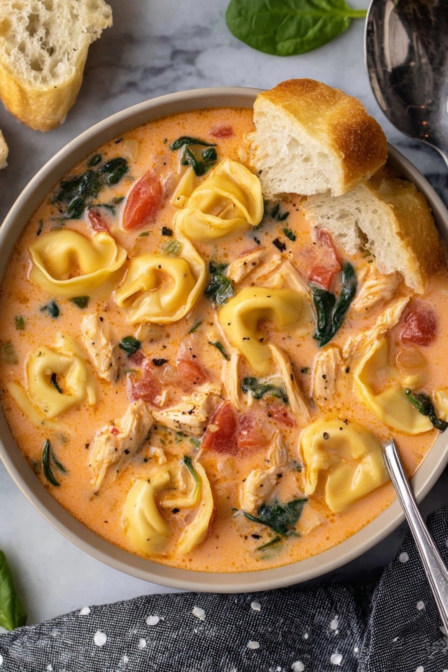 A bowl filled with creamy soup showing large, yellow tortellini pasta pieces floating in a light orange broth with bits of red tomatoes, shredded light brown chicken, and small green spinach leaves evenly mixed throughout. The bowl is held by two woman's hands above a white marbled surface with a gray cloth with white polka dots and torn pieces of crusty bread beside it. photo taken with an iphone --ar 2:3 --v 7 - Creamy Chicken Tortellini Soup Crock Pot, easy slow cooker tortellini soup, comforting chicken tortellini dinner, cheesy tortellini soup recipe, hearty chicken pasta soup