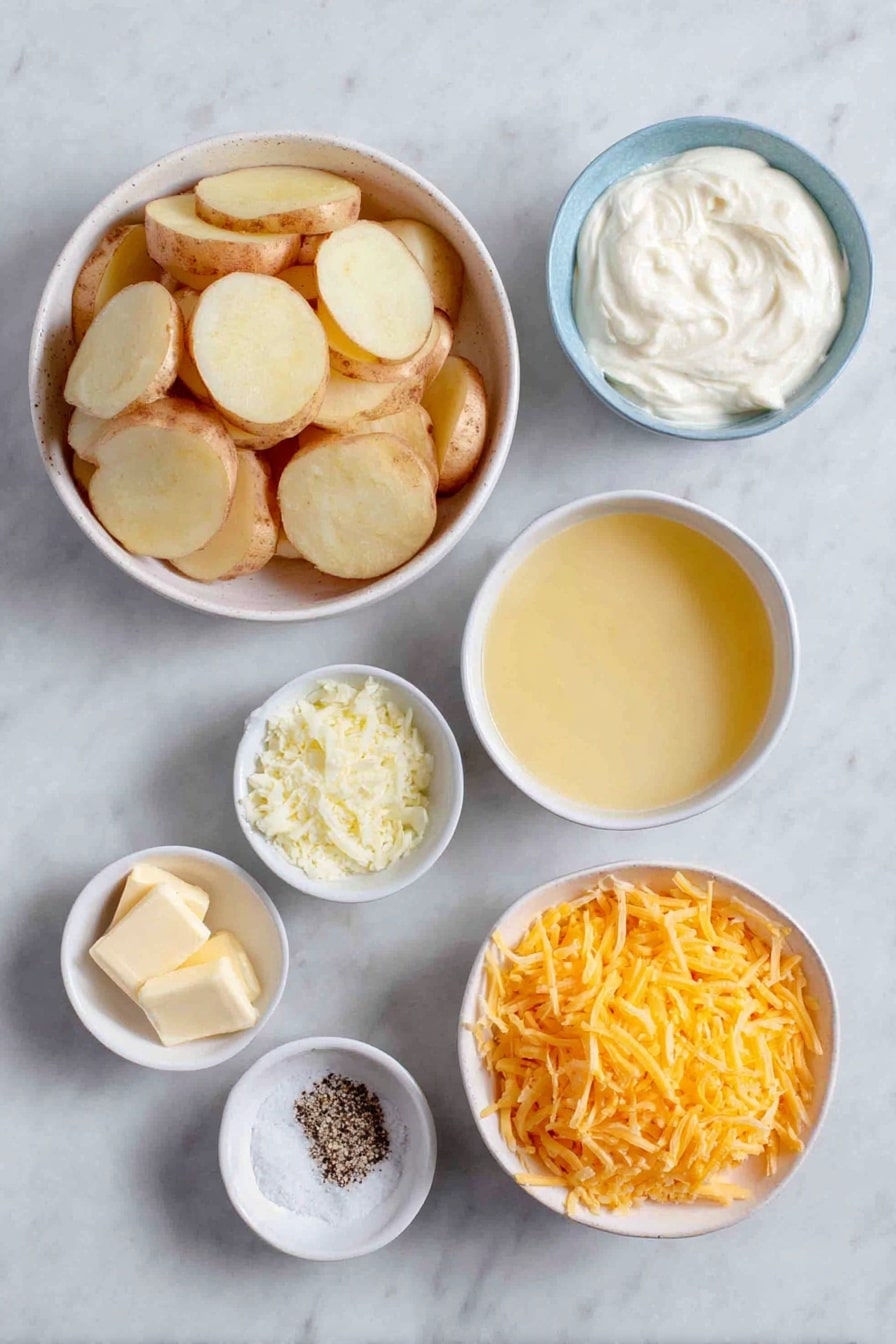 Flat lay of peeled russet potatoes sliced into thin rounds, a small white bowl of heavy whipping cream, a small white bowl with golden chicken broth, a small white bowl filled with minced fresh garlic, a small white bowl of shredded pale parmesan cheese, a small white bowl heaped with bright orange shredded cheddar cheese, a small white bowl each with coarse salt and freshly ground black pepper placed symmetrically, all arranged on a clean white marble surface, soft natural light, photo taken with an iPhone, professional food photography style, fresh ingredients, white ceramic bowls, no bottles, no duplicates, no utensils, no packaging --ar 2:3 --v 7 --p awthu7i m7354615311229779997 - Slow Cooker Scalloped Potatoes, cheesy scalloped potatoes, easy scalloped potatoes, creamy potato side dish, slow cooker potato recipes