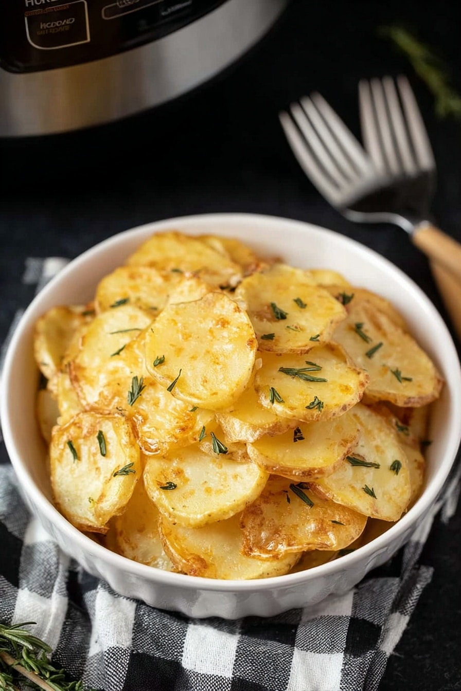 A white bowl filled with a one-layer pile of golden brown potato slices, each slice showing a slight crisp edge and a soft, cooked center, sprinkled with small bits of green herbs. The bowl sits on a dark surface with a black-and-white checkered cloth and two silver forks placed beside it. The background includes part of a metallic slow cooker. The photo taken with an iphone --ar 2:3 --v 7 - Slow Cooker Scalloped Potatoes, cheesy scalloped potatoes, easy scalloped potatoes, creamy potato side dish, slow cooker potato recipes
