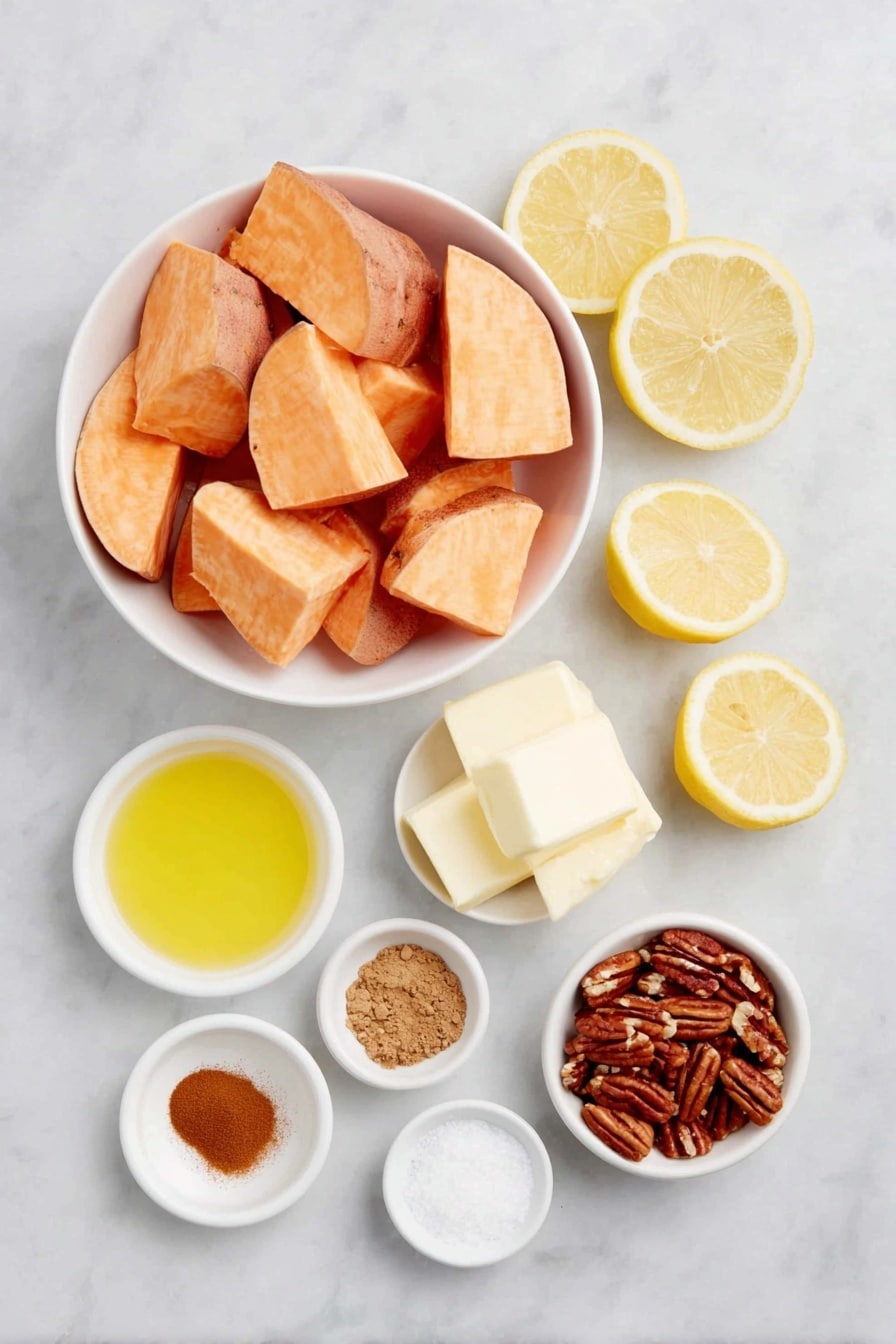 Flat lay of peeled sweet potato chunks, a small white bowl of water, a small white bowl of whole milk, four pieces of room temperature butter, a small white bowl of pure maple syrup, a few fresh lemon wedges with a small white bowl of lemon juice, a small white bowl of vanilla extract, a small white bowl of salt, a small white bowl of ground cinnamon, a small white bowl of ground nutmeg, a small white bowl of ground ginger, a small white bowl of toasted chopped pecans placed on a clean white marble surface, soft natural light, photo taken with an iPhone, professional food photography style, fresh ingredients, white ceramic bowls, no bottles, no duplicates, no utensils, no packaging --ar 2:3 --v 7 --p awthu7i m7354615311229779997 - Slow Cooker Sweet Potato Casserole with Toasted Pecans, sweet potato casserole, slow cooker sweet potato side dish, holiday sweet potato recipes, easy slow cooker side dish