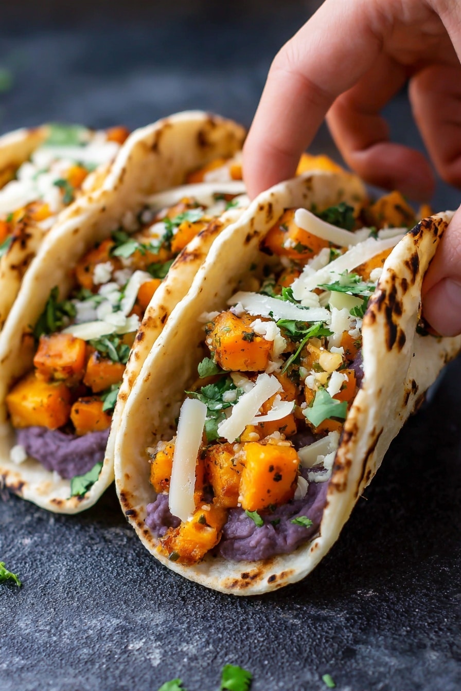 The image shows three small tacos placed closely side by side on a dark textured surface. Each taco has three layers: the bottom layer is a white corn tortilla with light brown spots from cooking, the middle layer is mashed purple beans spread evenly, the top layer consists of bright orange cubes of cooked squash mixed with small green cilantro leaves, and thin pale white strips of cheese scattered on top. A woman's hand is gently holding the front taco, lifting the tortilla slightly to reveal the filling inside. Photo taken with an iphone --ar 2:3 --v 7 - Black Bean Sweet Potato Tacos, vegetarian taco recipes, easy healthy dinner ideas, plant-based tacos, quick vegetarian meals