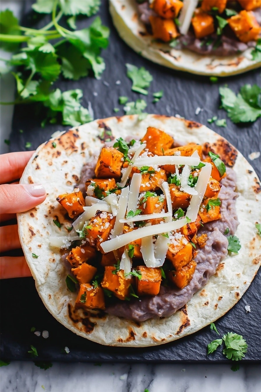 Three soft corn tortillas lie side by side on a black slate board over a white marbled surface. Each tortilla is spread with a layer of mashed purple beans, topped with an even layer of bright orange cubed roasted sweet potatoes mixed with small green herb bits. On top of these, thin strips of white cheese are scattered along with fresh green cilantro leaves. To the right of the board are more orange sweet potato cubes and a whole sweet potato, with sprigs of fresh cilantro nearby. A dark blue textured cloth is partially visible on the left side. photo taken with an iphone --ar 2:3 --v 7 - Black Bean Sweet Potato Tacos, vegetarian taco recipes, easy healthy dinner ideas, plant-based tacos, quick vegetarian meals
