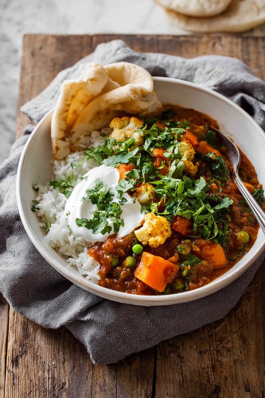 A white bowl sits on a gray cloth over a wooden table with a white marbled background. Inside the bowl, the bottom layer is plain steamed white rice. On top of the rice, there is a thick vegetable curry with visible chunks of orange sweet potatoes, cauliflower florets, green peas, and wilted spinach mixed in a rich brownish-red sauce. A dollop of white yogurt is placed on one side of the curry, and fresh green chopped herbs are sprinkled over the dish. Two folded pieces of white flatbread are tucked into the side of the bowl, leaning against the curry. A spoon rests inside the bowl, positioned towards the back. Photo taken with an iphone --ar 2:3 --v 7 - Vegetable Curry, healthy vegetable curry recipe, easy vegetable curry, hearty vegan curry, spicy vegetable curry