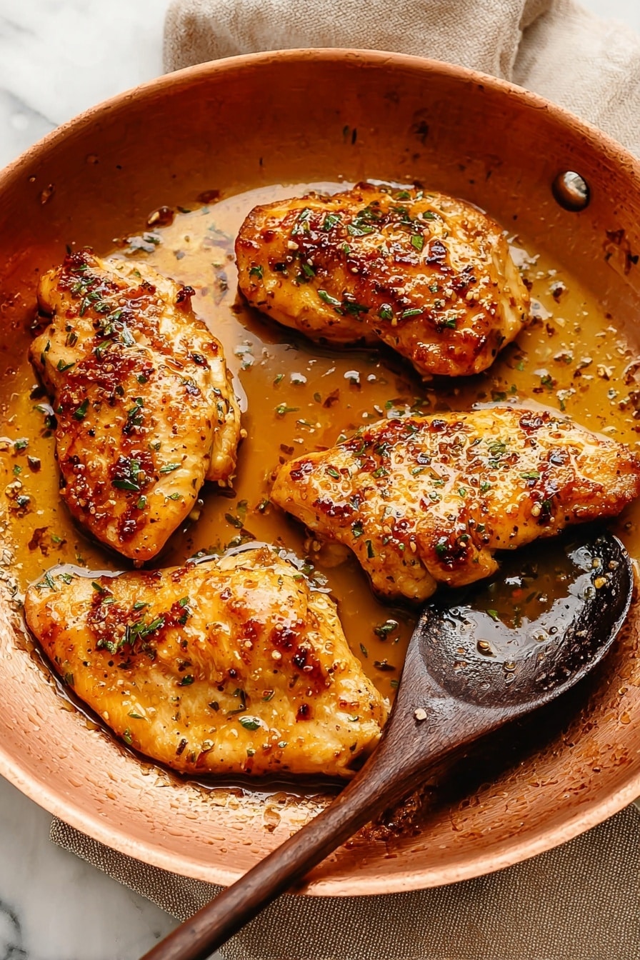Four pieces of golden brown cooked chicken sit in a shallow white pan with shiny sauce glistening on and around them. The chicken is seasoned with small green herbs and red spices, and a dark wooden spoon rests inside the pan. The pan is placed on a light brown cloth with a textured white marbled surface underneath. photo taken with an iphone --ar 2:3 --v 7 - Maple Mustard Glazed Chicken, easy chicken dinner, cozy weeknight meal, healthy chicken recipes, quick glazed chicken