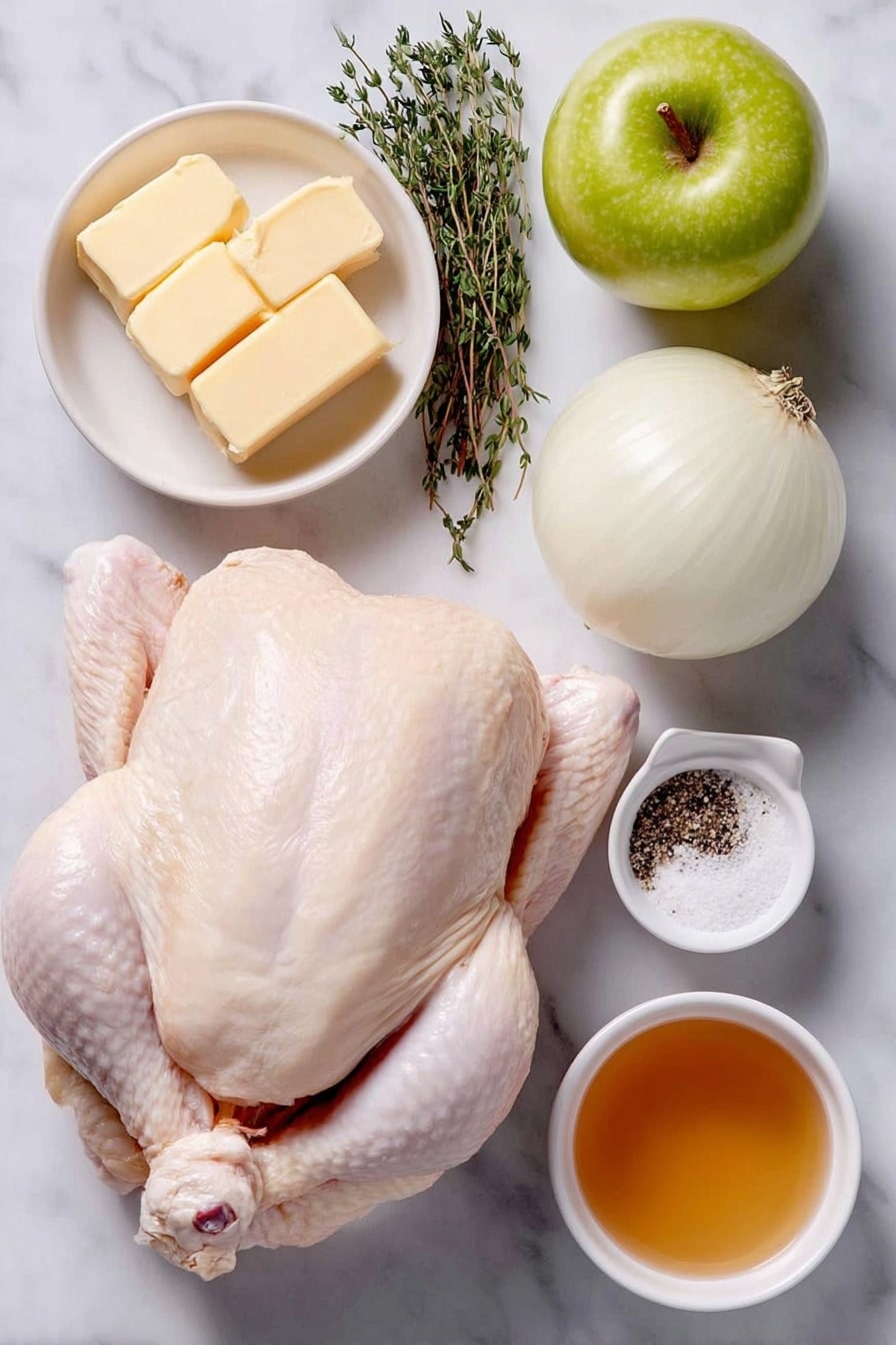 Flat lay of a whole raw chicken with smooth pale skin, a quartered Granny Smith apple showing crisp green flesh, a quartered small sweet onion with fresh white and purple layers, several sprigs of fresh green thyme arranged neatly, a small white ceramic bowl holding softened golden butter, a small white ceramic bowl filled with amber apple cider liquid, and a pinch of coarse salt and freshly ground black pepper arranged symmetrically on a simple white ceramic dish, all placed on a clean white marble surface, soft natural light, photo taken with an iPhone, professional food photography style, fresh ingredients, white ceramic bowls, no bottles, no duplicates, no utensils, no packaging --ar 2:3 --v 7 --p awthu7i m7354615311229779997 - Apple Cider Glazed Roasted Chicken, roasted chicken with apple cider glaze, easy apple cider chicken recipe, juicy roasted chicken with glaze, quick apple cider chicken