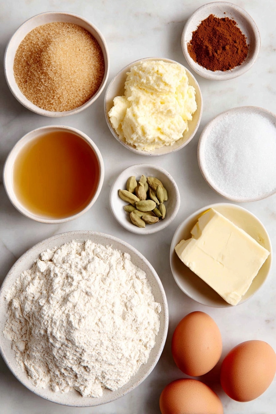Flat lay of a small pile of golden light brown sugar crystals, a small heap of fine white granulated sugar, a small mound of warm reddish-brown ground cinnamon powder, a single small white ceramic bowl filled with amber-colored apple cider, two large brown eggs with smooth shells, a small white ceramic bowl with melted pale yellow unsalted butter, a neat pile of off-white all-purpose flour, a tiny white ceramic bowl containing fine white baking powder, a few whole green cardamom pods, a small white ceramic bowl with ground warm brown nutmeg powder, a block of pale yellow butter, and a small white ceramic bowl filled with clear golden peanut oil, all arranged with perfect symmetry on a simple white ceramic plate, placed on a clean white marble surface, soft natural light, photo taken with an iPhone, professional food photography style, fresh ingredients, white ceramic bowls, no bottles, no duplicates, no utensils, no packaging --ar 2:3 --v 7 --p awthu7i m7354615311229779997 - Apple Cider Donuts, Apple Cider Donuts Recipe, Fall Donuts, Homemade Apple Cider Donuts, Spiced Donut Recipe