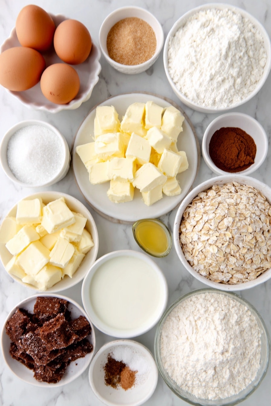 Flat lay of peeled and diced fresh apples in a simple white ceramic bowl, a few whole brown eggs with clean shells, small white ceramic bowls containing light brown sugar, granulated sugar, and powdered sugar, chunks of cold salted butter and slices of softened salted butter arranged on a white ceramic plate, a small white bowl of warm milk, a small white bowl with golden melted butter, a small white bowl filled with cinnamon powder, small white bowls each with nutmeg, ground cloves, and allspice powders, a few sprigs of fresh vanilla bean pods, a small white bowl of corn starch powder, a small white bowl of water, a small white bowl with heavy cream, a small white ceramic bowl filled with old-fashioned whole rolled oats, a small white bowl with lemon juice, and a small white bowl of apple cider — all arranged with perfect symmetry and realistic proportions, fresh and natural, placed on a clean white marble surface, soft natural light, photo taken with an iPhone, professional food photography style, fresh ingredients, white ceramic bowls, no bottles, no duplicates, no utensils, no packaging --ar 2:3 --v 7 --p awthu7i m7354615311229779997 - Apple Pie Cinnamon Rolls with Apple Cider Caramel Sauce and Cream Cheese Frosting, fall breakfast cinnamon rolls, apple cinnamon roll recipe, caramel apple cinnamon rolls, homemade apple cinnamon rolls