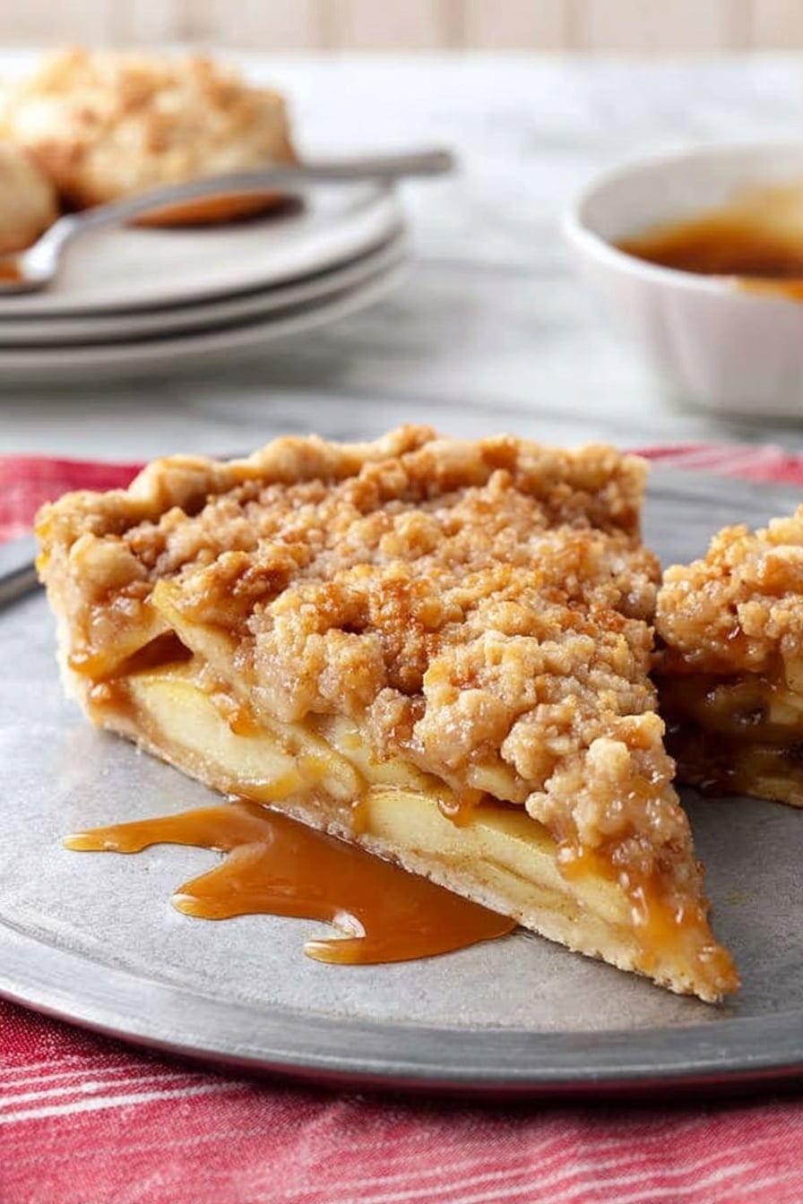 A single slice of apple crumble pie sits on a round silver tray with the rest of the pie still in the background. The pie has three visible layers: a bottom golden-brown crust that looks firm and slightly crunchy, a middle layer filled with soft, cooked apple slices that are pale yellow and tender, and a top layer of crumbly streusel that is light brown and uneven in texture. A shiny caramel sauce is drizzled on top, pooling slightly on the tray around the slice. In the background, there is a white bowl with a spoon containing more caramel sauce and a white plate with some pastries. The scene is set on a white marbled surface with a red and white striped cloth to the side. Photo taken with an iphone --ar 2:3 --v 7 - Apple Pizza with Cream Cheese, Caramel, and Streusel, apple dessert recipe, easy fruit pizza, cinnamon apple tart, caramel apple dessert