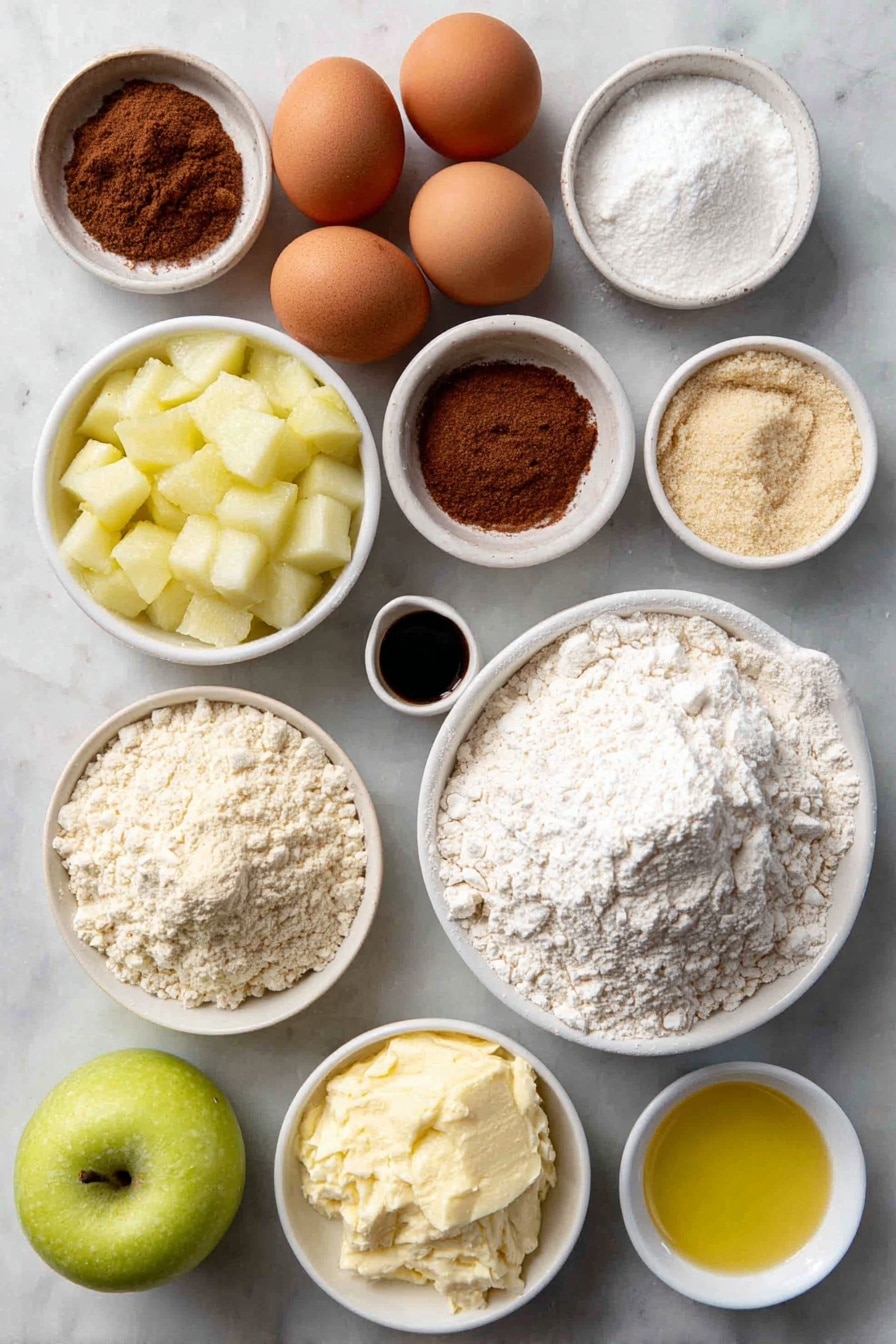 Flat lay of a small mound of all-purpose flour, a small mound of whole wheat flour, a small mound of almond flour, a small pile of light brown sugar, a small bowl of cinnamon powder, a small bowl of apple pie spice, two whole large brown eggs with clean shells, a few peeled and diced fresh apple cubes, a small bowl of creamy coconut oil, a small bowl of rich avocado oil, a small bowl of unsweetened almond milk, a small bowl of unsweetened applesauce, a small bowl of fine powdered sugar, a small bowl of golden cane sugar, a small bowl of vanilla extract, a small bowl of sea salt, and a small bowl of baking powder — all ingredients fresh and natural, each in simple white ceramic bowls or directly arranged, perfectly symmetrical and balanced, placed on a clean white marble surface, soft natural light, photo taken with an iPhone, professional food photography style, fresh ingredients, white ceramic bowls, no bottles, no duplicates, no utensils, no packaging --ar 2:3 --v 7 --p awthu7i m7354615311229779997 - Cinnamon Apple Muffins with Crumble Topping and Glaze, apple muffin recipes, fall breakfast muffins, easy apple muffins, cozy baking recipes
