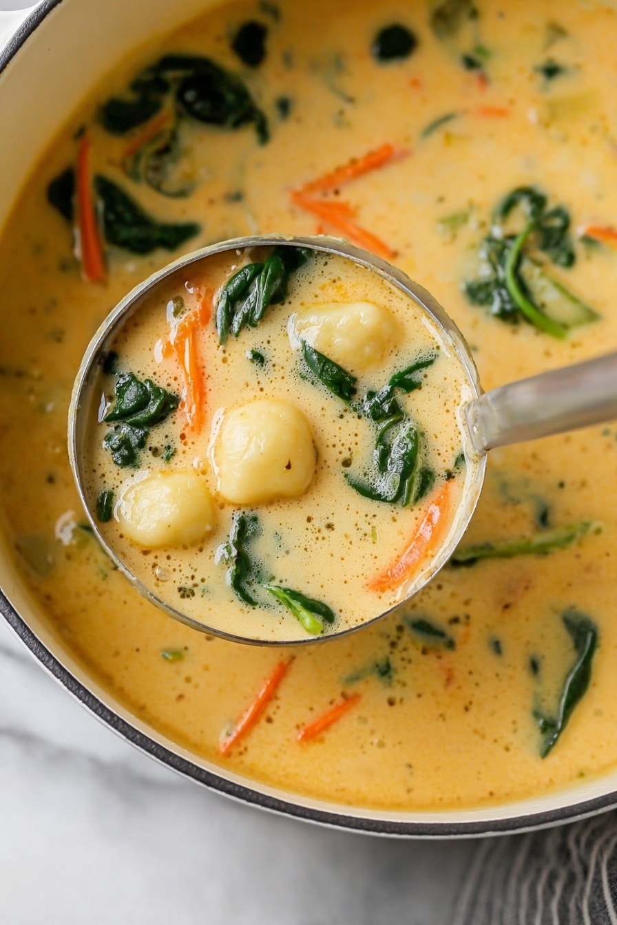 A creamy soup fills a white pot, shown up close with a metal ladle holding a scoop. The soup has a light orange color with visible soft yellow dumplings, shredded bright orange carrots, and fresh dark green spinach leaves scattered throughout. The texture looks smooth and thick, with small bubbles on the surface. The white marbled surface beneath adds a clean and fresh feel. photo taken with an iphone --ar 2:3 --v 7 - Cheesy Gnocchi Soup, cheesy gnocchi soup recipe, creamy gnocchi soup, comfort food soup, easy gnocchi soup