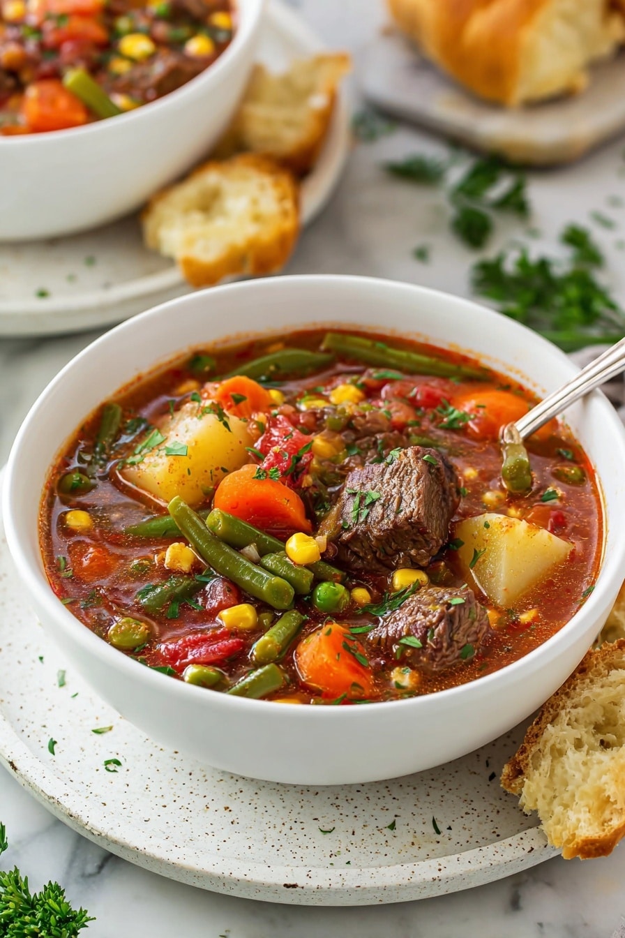 The image shows a white bowl filled with a colorful beef and vegetable stew placed on a white speckled plate, all set on a white marbled surface. The stew contains visible layers of dark brown beef chunks, bright orange carrot slices, pale yellow potato cubes with red skin edges, green beans, green peas, yellow corn kernels, and red tomato pieces, all in a reddish-brown broth. The stew is topped with small green herb bits scattered over the surface. Around the bowl are pieces of torn bread with a golden crust. In the background, there is another white bowl of the same stew, slightly out of focus, and some green parsley sprigs appear on the white marbled surface next to the bowl. Photo taken with an iphone --ar 2:3 --v 7 - Vegetable Beef Soup, hearty beef vegetable soup, easy homemade beef vegetable soup, nutritious beef and vegetable soup, comforting beef soup recipe