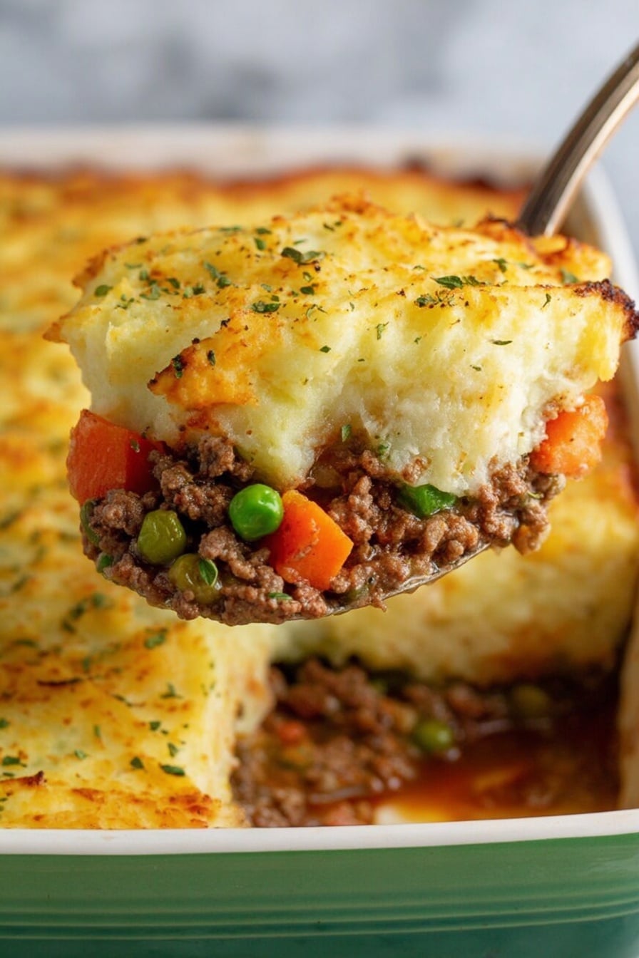 This image shows a white rectangular baking dish filled with shepherd's pie. The top layer is golden brown mashed potatoes with baked slightly crispy, uneven spots and small green herbs sprinkled on top. One corner of the dish is missing potatoes, revealing a rich brown meat layer underneath with pieces of ground meat, small orange carrots, and green peas in a thick sauce. A silver spoon rests inside the dish, scooping some meat and vegetables. The dish sits on a white marbled surface photo taken with an iphone --ar 2:3 --v 7 - Classic Shepherd's Pie with Lamb or Beef, Shepherd's Pie recipe, hearty shepherd's pie, lamb and beef shepherd's pie, comfort food recipes