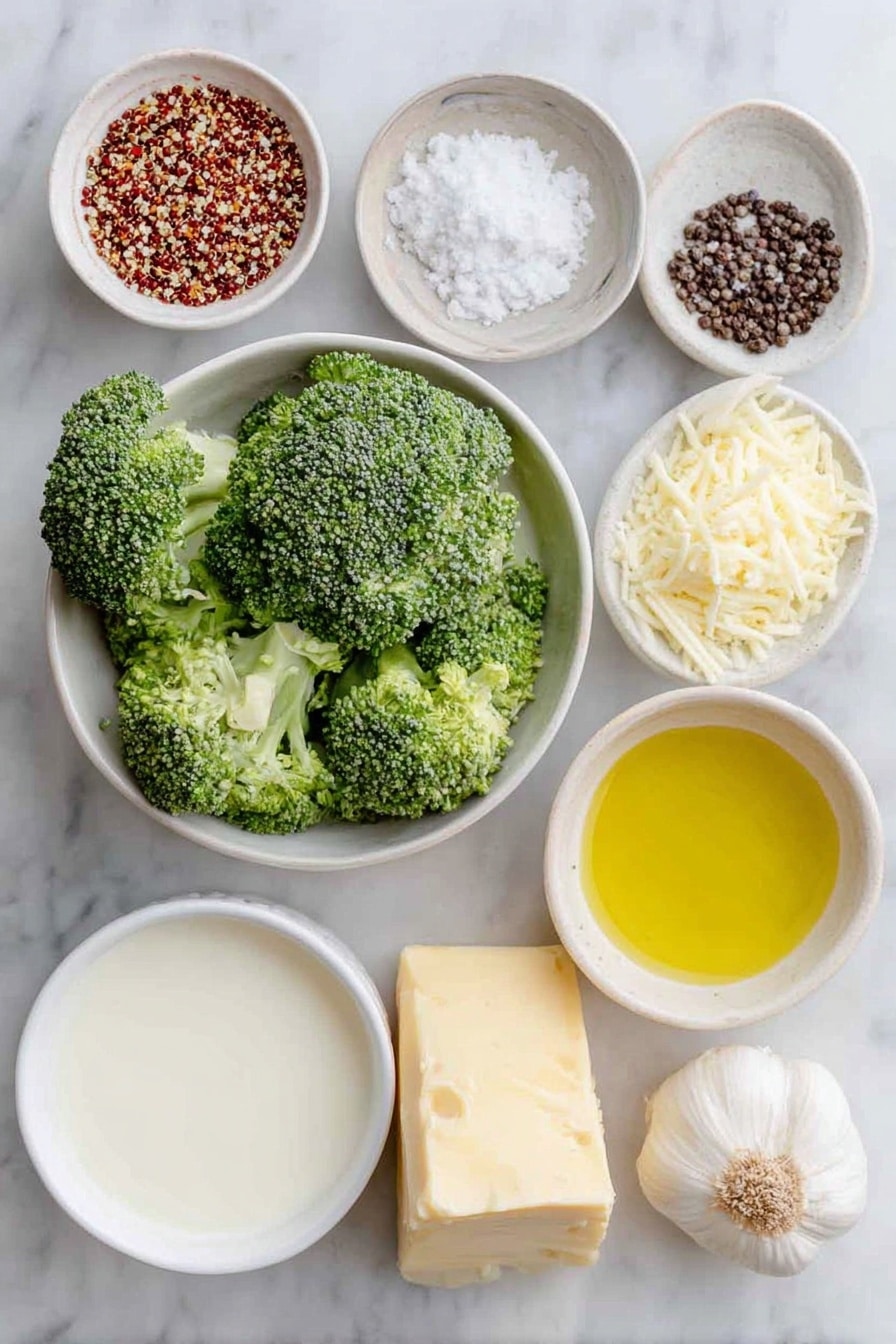 Flat lay of a small mound of rinsed tri-color quinoa grains, fresh bright green broccoli florets with some cut in half showing texture, a small white ceramic bowl of golden olive oil, a handful of coarse sea salt crystals scattered neatly, a small white ceramic bowl filled with freshly ground black peppercorns, a small white ceramic bowl holding vibrant red pepper flakes, freshly grated pale orange cheddar cheese loosely piled, a small white ceramic bowl of creamy low-fat milk, a small white ceramic bowl with a pat of smooth butter, one whole clove of fresh garlic, and a slice of rustic whole wheat bread arranged in perfect symmetry, placed on a clean white marble surface, soft natural light, photo taken with an iPhone, professional food photography style, fresh ingredients, white ceramic bowls, no bottles, no duplicates, no utensils, no packaging --ar 2:3 --v 7 --p awthu7i m7354615311229779997 - Better Broccoli Casserole, healthy broccoli casserole, cheesy broccoli bake, quinoa broccoli casserole, easy vegetable casserole