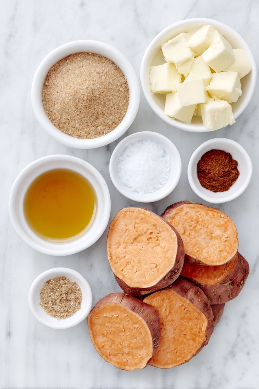 Flat lay of peeled sweet potatoes cut into thick rounds, a small white bowl of light brown sugar, a small white bowl with melted golden butter, a small white bowl of amber maple syrup, a small white bowl of coarse kosher salt, a small white bowl with ground cinnamon powder, a small white bowl of ground ginger, a small white bowl with a pinch of fine nutmeg powder, a small white bowl containing clear bourbon liquid, all arranged in perfect symmetry on a clean white marble surface, soft natural light, photo taken with an iPhone, professional food photography style, fresh ingredients, white ceramic bowls, no bottles, no duplicates, no utensils, no packaging --ar 2:3 --v 7 --p awthu7i m7354615311229779997 - Bourbon Glazed Candied Sweet Potatoes, sweet potato side dish with bourbon, holiday sweet potato recipes, easy candied sweet potatoes, flavorful sweet potato dish