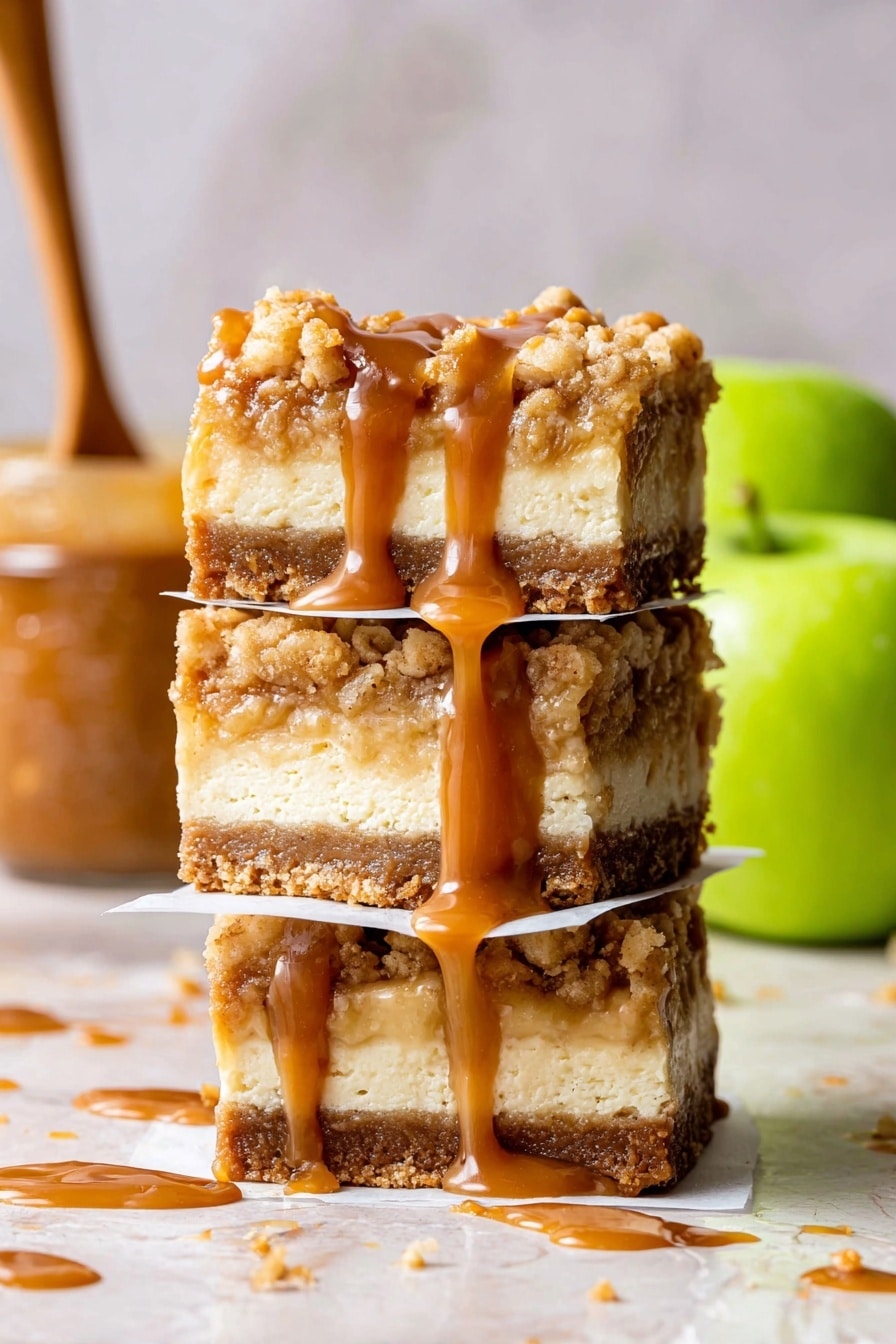 A stack of three dessert bars sits on a white marbled surface, each separated by a thin square of white paper. Each bar has three layers: a bottom thick golden brown crumbly crust, a middle creamy white cheesecake layer, and a top crumbly golden layer with bits of nuts or streusel. Rich caramel sauce is generously drizzled over the top and sides of all three bars, with some caramel flowing down and pooling slightly at the base. In the background, there is a blurred glass jar filled with caramel and a spoon sticking out, next to a pair of bright green apples. Photo taken with an iphone --ar 2:3 --v 7 - Caramel Apple Cheesecake Bars, fall dessert recipes, apple cheesecake bars, caramel apple dessert, easy holiday baked goods